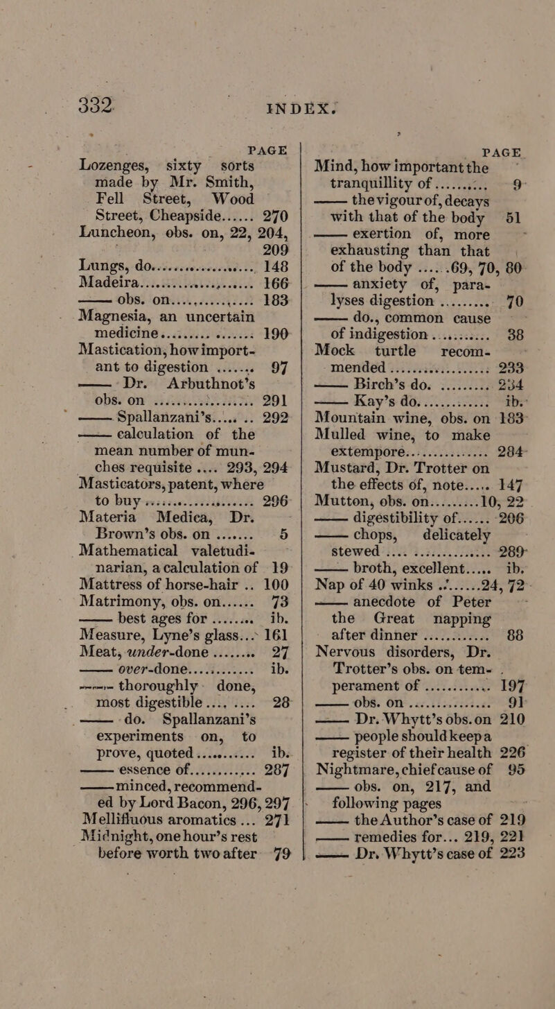 PAGE PAGE Lozenges, sixty sorts Mind, how important the made by Mr. Smith, tranquillity of ...... aa Fell Street, Wood the vigour of, decays _ Street, Cheapside...... 270 Luncheon, obs. on, 22, 204, 209 Lungs, do....... seine aves, 148 Madeira.......... ebeaie seis 166 obs. of. 6004 F.22 “383 Magnesia, an uncertain MEMICINGE &amp;.isecs si veses 190 Mastication, how import- ant to digestion rer: . 97 ~Dr. Arbuthnot’s obs. On a Rn 291 Spallanzani’s..... .. 292 calculation of the mean number of mun- _ ches requisite .... 293, 294 Masticators, patent, where to buy-wessie. cssasties 296 Materia Medica, Dr. Brown’s obs. on ....... 5 Mathematical valetudi- narian, a calculation of 19 Mattress of horse-hair .. 100 Matrimony, obs. on...... 73 best ages for ........ ib. Measure, Lyne’s glass... ~ 161 Meat, wnder-done ......+ aT overdone FN Sr ib. ---=r= thoroughly done, ‘do. Spallanzani’s experiments on, to prove, quoted ........... ib. essence of......... £6&gt;:987 minced, recommend- ed by Lord Bacon, 296, 297 Mellifluous aromatics ... 271 Midnight, one hour’s rest before worth twoafter 79 with that of the body 51 exertion of, more exhausting than that of the body ......69, 70, 80 anxiety of, para- lyses digestion eee | 70 — do., common cause of indigestion siignectens 38 Mock turtle recom- mended ......c00....ee008 233 Birch’s do. ......... 23: Kay’s dos :.... 20033 ib. Mountain wine, obs. on 183° Mulled wine, to make extempore:.:.....5.6605. 284 Mustard, Dr. Trotter on the effects of, note..... 147 Mutton, obs. on......... 10, 22 —— digestibility of...... 206 chops, delicately stewed: i. 3.32.5. /505: 289 broth, excellent.. ib. Nap of 40 winks .!...... 24, 72° anecdote of Peter the Great napping after dinner ............ Nervous disorders, Dr. Trotter’s obs. on tem~ . perament of ............ 197 ODS. OT. aé.6i 2. %253.0. 91 Dr. Whytt’s obs.on 210 people should keepa register of their health 226 Nightmare, chiefcauseof 95 obs. on, 217, and following pages the Author’s case of 219 —— remedies for... 219, 221] Dr. Whytt’s case of 223