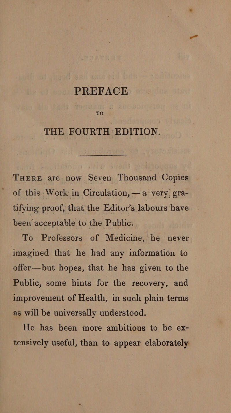 PREFACE THE FOURTH EDITION. THERE are now Seven Thousand Copies of this Work in Circulation, —a very, gra- tifying proof, that the Editor’s labours have been acceptable to the Public. To Professors of Medicine, he never imagined that he had any information to offer—but hopes, that he has given to the Public, some hints for the recovery, and improvement of Health, in such plain terms as will be universally understood. He has been more ambitious to be ex- tensively useful, than to appear elaborately