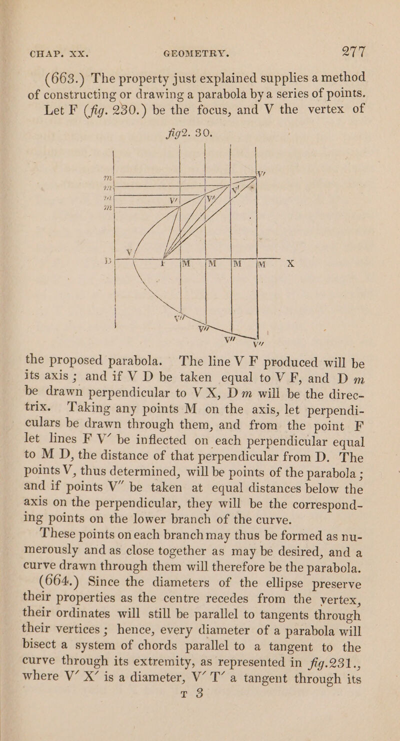 (663.) The property just explained supplies a method of constructing or drawing a parabola bya series of points. Let F (fig. 230.) be the focus, and V the vertex of the proposed parabola. The line V F produced will be its axis; and if V D be taken equal to V F, and D m be drawn perpendicular to VX, Dm will be the direc- trix. Taking any points M on the axis, let perpendi- culars be drawn through them, and from the point F let lines F V’ be inflected on each perpendicular equal to M D, the distance of that perpendicular from D. The points V, thus determined, will be points of the parabola ; and if points V” be taken at equal distances below the axis on the perpendicular, they will be the correspond- ing points on the lower branch of the curve. These points on each branch may thus be formed as nu- merously and as close together as may be desired, and a curve drawn through them will therefore be the parabola. (664.) Since the diameters of the ellipse preserve their properties as the centre recedes from the vertex, their ordinates will still be parallel to tangents through their vertices; hence, every diameter of a parabola will bisect a system of chords parallel to a tangent to the curve through its extremity, as represented in fig.231., where V’ X’ is a diameter, V’ T’ a tangent through its tT 3