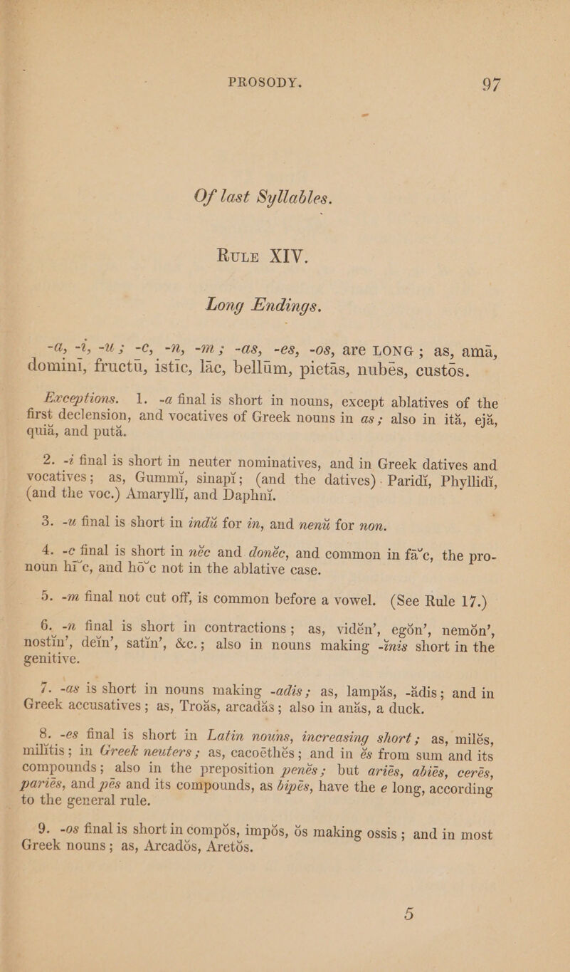 Of last Syllables. Rute XIV. Long Endings. “1, -1, U3 -C, -N, -M; -a8, -es, -os, are LONG; as, ama, domini, fructt, istic, lac, bellum, pletas, nubes, custos. Exceptions. 1. ~-a final is short in nouns, except ablatives of the first declension, and vocatives of Greek nouns in as ; also in ita, eja, quia, and puta. 2. -é final is short in neuter nominatives, and in Greek datives and vocatives; as, Gummi, sinapi; (and the datives) - Paridi, Phyllidi, (and the voc.) Amarylli, and Daphni. 3. -w final is short in indi for in, and nenii for non. 4. -c final is short in née and. donéc, and common in fa’c, the pro- noun hic, and hoe not in the ablative case. 5. -m final not cut off, is common before a vowel. (See Rule 17 J 6. -n final is short in contractions; as, vidén’, egon’, nemo6n’, nostin’, dein’, satin’, &amp;c.; also in nouns making -inis short in the genitive. 7. -as is short in nouns making -adis; as, lampas, -adis; and in Greek accusatives ; as, Troas, arcadis; also in anas, a duck. 8. -es final is short in Latin nouns, imereasing short; as, milés, militis; in Greek neuters ; as, cacoéthés; and in és from sum and its compounds; also in the preposition penés; but aries, abies, cerés, paries, and pes and its compounds, as dipés, have the e long, according _ to the general rule. 9. -os final is short in compés, impés, ds making ossis ; and in most Greek nouns; as, Arcados, Aretos.