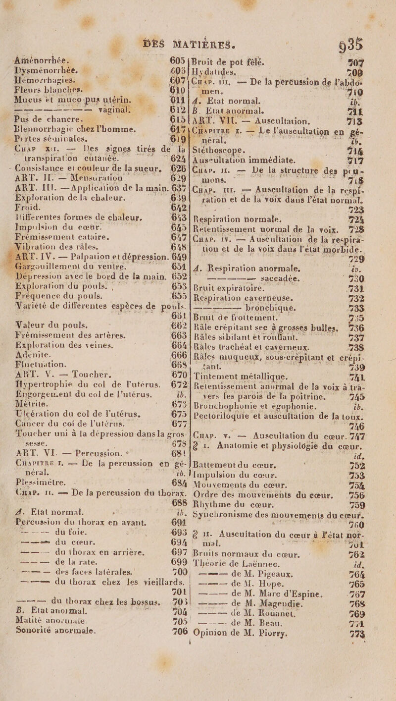 me sd bi. à ES DES MATIÈRES. 4 935 Aménorrhée. ; 605 iBruit de pot fêlé. 707 Dysménorrhée. … &amp; 605 Hydatides. 7 onbagi es D ” + 67 Cuir. iu, — De la percussion de l'abdoe Fleurs blanches. 610! men. ‘710 Mucus +t muco-pus utérin. à 01114. Etat normal. be a vaginal. 61218. Etat anormal. 71L Pus de chancre. GI5{ART. VIT — Auscultation. 713 Biennorrhagie chez l'homme. 61’ CHAPITRE 1. — Le l'auscultation en gé- … Pertes séninales. 619! néral, ëb. Cuar x. — Des signes tirés de la Stéthoscope. IT __ranspiration cutanée. | 624 | Auseultation immédiate. 717 - Consistance et couleur de la sueur. 626 Cuar. mm. — Le la structure des pou- ART. H. — Mensuration Rés 629! mons. : 71 ART. LIT. — Application de la main. 637 Cuap. tr. — Auscultation de la respi- Exploration de la chaleur. 639 ration et de la voix dans l’état normal. Froid. 6,2 Fr 729 lifferentes formes de chaleur, 613 D ration hormale. 72h Impulsion du cœur. 645 Retentissement uormal de la voix. 728 Frémissement cataire. GA7|Cnar. 1v, — Auscultation de la respira- Vibration des râles. 645| tion et de la voix dans r élat morbide. ART. IV. — Palpation et dépression. 649 12429 11 rcouillement du ventre. 651 À. Respiration anormale, bp, 2 épression avec le bord de la main. 652 ————— saccadée, ° 550 Exploration du pouls. , © 7 653 Bruit expirätoire. 331 Fréquence du pouls. 655 Respiration caverneuse, 732 Variété de différentes espèces : de pouls. |————— bronchique. 733 661 [Brut de frottement. 255 Valeur du pouls. 662 | hâle erépitant sec à grosses bulles. 736 Frémissement des artères. 663 | Râles sibilant et ronflaut. 737 Exploration des veines. 664 |Râles trachéal et cayerneux. 738 Adénite. 666 | Râles HuqUeux, soUs- crépilant et crépi- Fluctuation. 65S tant. 739 AKT. V. — Toucher. 670! Tintement métallique. PA Hypertrophie du col de l'utérus. 672] Retentissement anormal de la voix à tra- Engorgement du col de l’utérus. ib. | vers [es parois de la poitrine. 745 Métrite. 673 Bronchophunie et égophonie. ‘tb. Ulcération du col de l'utérus. 675 | Pectoriloquie et auscultation de la toux. Cancer du coi de l'utérus. 677 76 Toucher uni à la dépression dansla gros-|Cmap. vw. — Auscultation du cœur. 747 sesse, 67812 1. Anatomie et physiolôgie du cœur. ART, VI. — Percussion. : 68: TUE Cuavrrre 1, — De la percussion en ge Battement du cœur, 702 _ méral. [Impulsion du cœur. 753 Plessimètre. 68 Mouvements du cœur. 75h. Car. 1. — De la percussion du thorax. Ordre des mouvements du cœur. 756 688 Rhythme du cœur. 759 A. Etat normal. : ib. Synchronisme des mouvements du cœur. Percussion du thorax en ayant. 694 760 = qu foie: 693 ? 11. Auscuitation au cœur à Vétat not- ———…+ qu cœur. 69% mal. ÿ ‘50L —— — du thorax en arrière. 697 Bruits normaux du cœur. 762 ——— de la rate. 699 ‘Lhéorie de Laënnec. id, (où ——— des faces latérales.’ 709, —— de M. Pigeaux. 764 ——— du thorax chez les vieillards. | — de M. Hope. 765 701! —__ de M. Marc d’ Espine. 767 —— du thorax chez les bossus. 705| —— de M. Magendie. 768 B. Etat anormal. 704 ——— de M. Rouanet, 769 Matité anormale 705: —--—. de M. Beau. 774 Souorité anormale. 306 Opinion de M. Piorry. 773 [| Ha