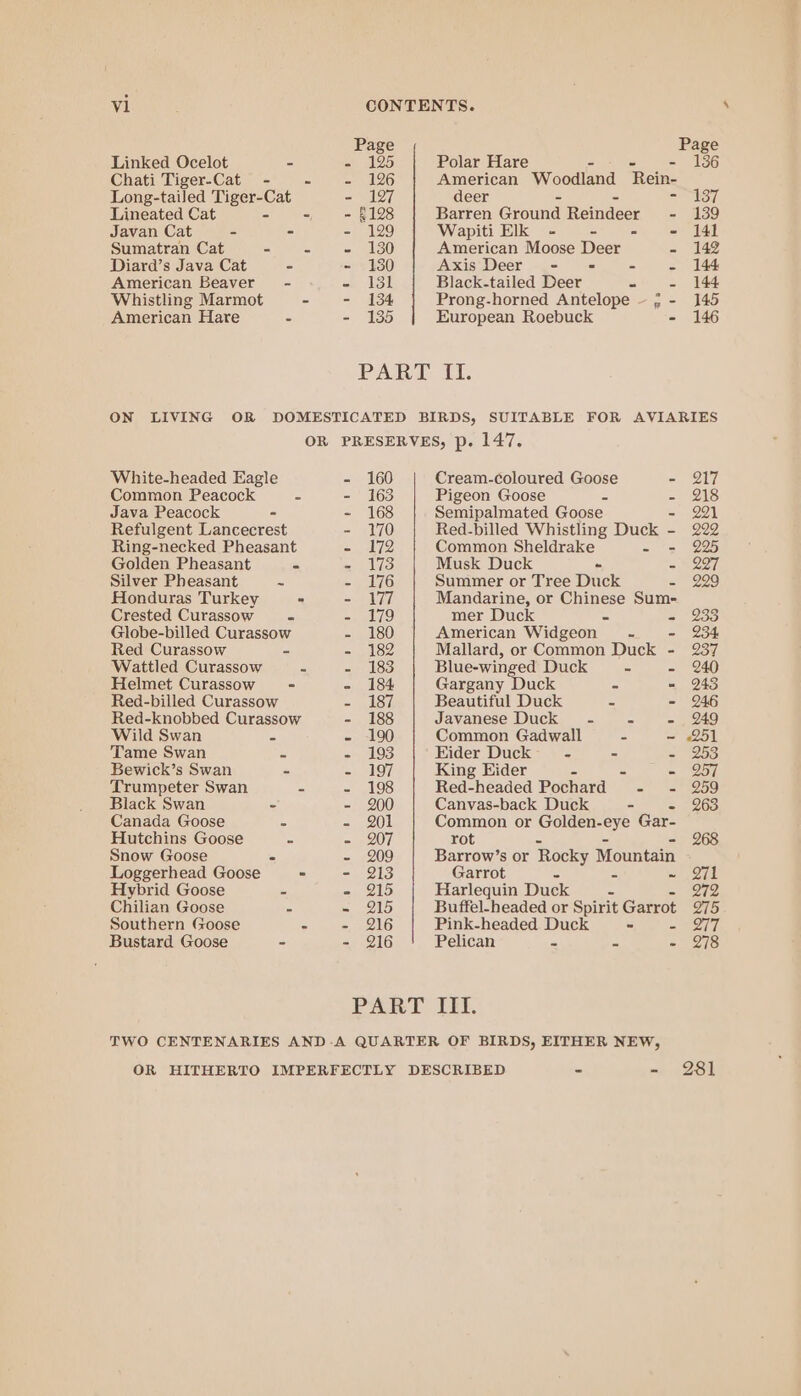 Linked Ocelot - Chati Tiger-Cat_ - = Long-tailed Tiger-Cat Lineated Cat - - Javan Cat - - Sumatran Cat es = Diard’s Java Cat American Beaver - Whistling Marmot - American Hare 5 Page 125 Polar Hare - 126 American Woodland Rein- 127 deer - £128 Barren Ground Reindeer - 129 Wapiti Elk - - = - 130 American Moose Deer = 130 Axis Deer = - 5 2 131 Black-tailed Deer = = 134 Prong-horned Antelope ~ ; - 135 European Roebuck - PART II. OR White-headed Eagle Common Peacock a Java Peacock - Refulgent Lancecrest Ring-necked Pheasant Golden Pheasant - Silver Pheasant &gt; Honduras Turkey - Crested Curassow S Globe-billed Curassow Red Curassow - Wattled Curassow 2 Helmet Curassow - Red-billed Curassow Red-knobbed Curassow Wild Swan 4 Tame Swan 3 Bewick’s Swan = Trumpeter Swan - Black Swan - Canada Goose 3 Hutchins Goose = Snow Goose e Loggerhead Goose - Hybrid Goose 5 Chilian Goose = Southern Goose ° Bustard Goose - eee Pe ee a8, 160 Cream-coloured Goose - 163 Pigeon Goose = = 168 Semipalmated Goose - 170 Red-billed Whistling Duck - 172 Common Sheldrake Bee 173 Musk Duck - &amp; 176 Summer or Tree Duck = 177 Mandarine, or Chinese Sum- 179 mer Duck = = 180 American Widgeon — - - 182 Mallard, or Common Duck - 183 Blue-winged Duck = = 184 Gargany Duck = = 187 Beautiful Duck = - 188 Javanese Duck - é = 190 Common Gadwall = - 193 Eider Duck = = =“ 197 King Eider = = z 198 Red-headed Pochard - - 200 Canvas-back Duck - a 201 Common or Golden- neve Gar- 207 rot 209 Barrow’s or Rocky Mountain 213 Garrot 5 = s PRS Harlequin Duck - OS Buffel-headed or Spirit Garrot 216 Pink-headed Duck - - 216 Pelican = a 2 PART LE. 281