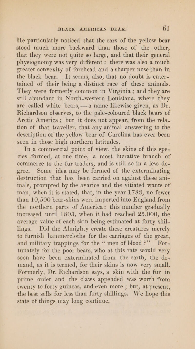 He particularly noticed that the ears of the yellow bear stood much more backward than those of the other, that they were not quite so large, and that their general physiognomy was very different: there was also a much greater convexity of forehead and a sharper nose than in the black bear. It seems, also, that no doubt is enter- tained of their being a distinct race of these animals. They were formerly common in Virginia ; and they are still abundant in North-western Louisiana, where they are called white bears, —a name likewise given, as Dr. Richardson observes, to the pale-coloured black bears of Arctic America ; but it does not appear, from the rela- tion of that traveller, that any animal answering to the description of the yellow bear of Carolina has ever been seen in those high northern latitudes. In a commercial point of view, the skins of this spe- cies formed, at one time, a most lucrative branch of commerce to the fur traders, and is still so in a less de- gree. Some idea may be formed of the exterminating destruction that has been carried on against these ani- mals, prompted by the avarice and the vitiated wants of man, when it is stated, that, in the year 1783, no fewer than 10,500 bear-skins were imported into England from the northern parts of America: this number gradually increased until 1803, when it had reached 25,000, the average value of each skin being estimated at forty shil- lings. Did the Almighty create these creatures merely to furnish hammercloths for the carriages of the great, and military trappings for the “men of blood?” For- tunately for the poor bears, who at this rate would very soon have been exterminated from the earth, the de- mand, as it is termed, for their skins is now very small, Formerly, Dr. Richardson says, a skin with the fur in prime order and the claws appended was worth from twenty to forty guineas, and even more ; but, at present, the best sells for less than forty shillings. We hope this state of things may long continue,