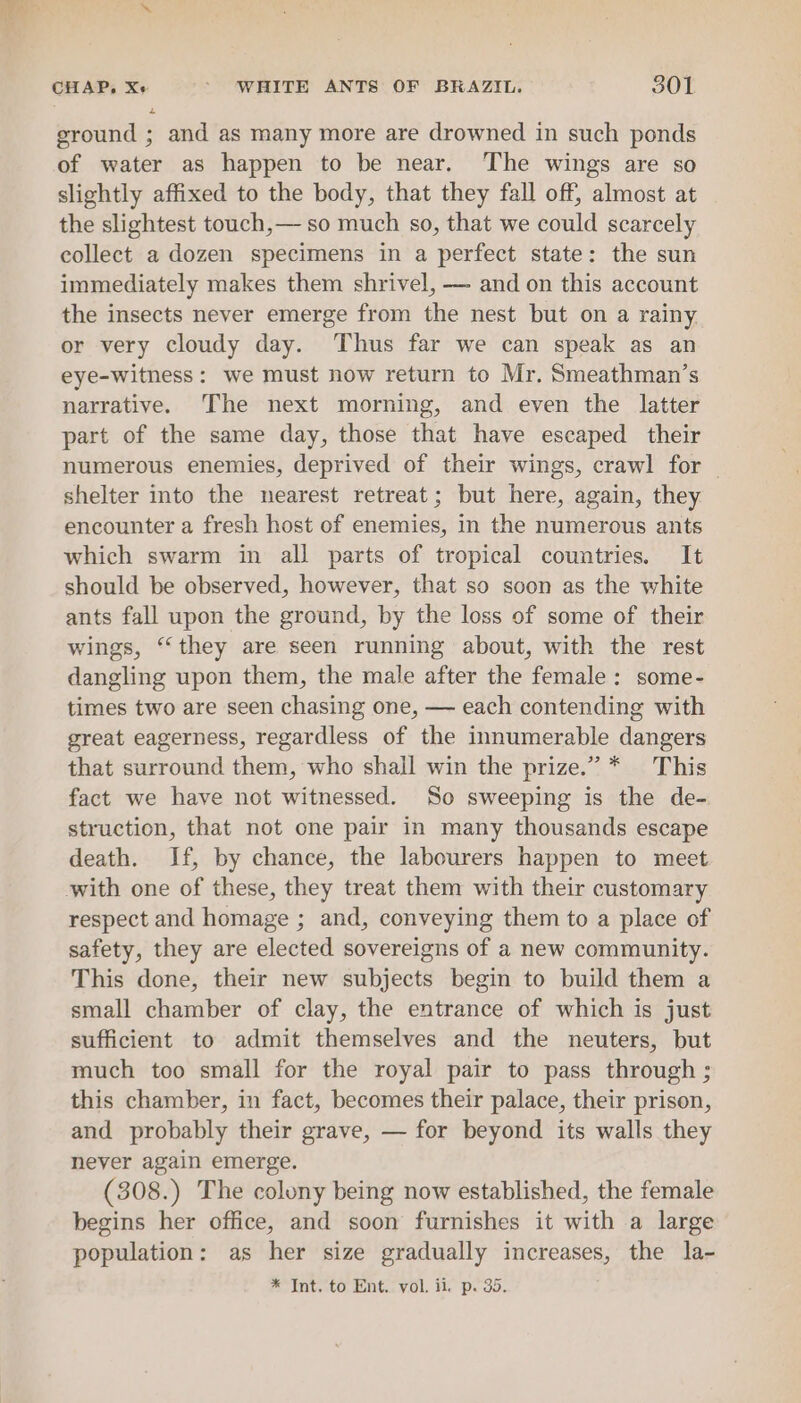 ground ; and as many more are drowned in such ponds of water as happen to be near. The wings are so slightly affixed to the body, that they fall off, almost at the slightest touch,— so much so, that we could scarcely collect a dozen specimens in a perfect state: the sun immediately makes them shrivel, — and on this account the insects never emerge from the nest but on a rainy or very cloudy day. Thus far we can speak as an eye-witness: we must now return to Mr. Smeathman’s narrative. The next morning, and even the latter part of the same day, those that have escaped their numerous enemies, deprived of their wings, crawl for _ shelter into the nearest retreat; but here, again, they encounter a fresh host of enemies, in the numerous ants which swarm in all parts of tropical countries. It should be observed, however, that so soon as the white ants fall upon the ground, by the loss of some of their wings, “they are seen running about, with the rest dangling upon them, the male after the female: some- times two are seen chasing one, — each contending with great eagerness, regardless of the innumerable dangers that surround them, who shall win the prize.” * This fact we have not witnessed. So sweeping is the de- struction, that not one pair in many thousands escape death. If, by chance, the labourers happen to meet with one of these, they treat them with their customary respect and homage ; and, conveying them to a place of safety, they are elected sovereigns of a new community. This done, their new subjects begin to build them a small chamber of clay, the entrance of which is just sufficient to admit themselves and the neuters, but much too small for the royal pair to pass through ; this chamber, in fact, becomes their palace, their prison, and probably their grave, — for beyond its walls they never again emerge. (308.) The colony being now established, the female begins her office, and soon furnishes it with a large population: as her size gradually increases, the la- * Int. to Ent. vol. il. p. 35.