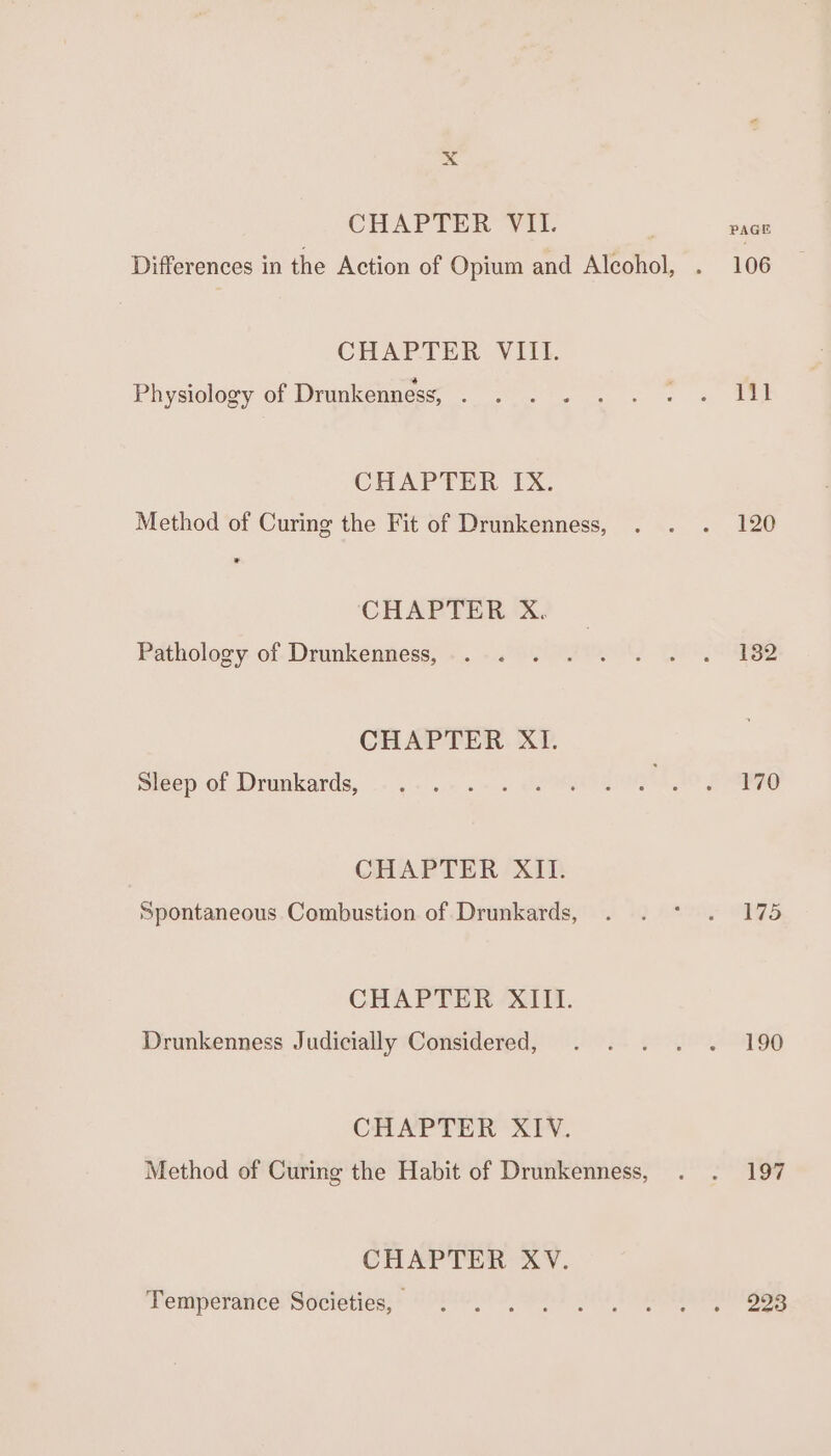 CHAPTER VIL CHAPTER VIII. Physiology of Drunkenness, . CHAPTER IX. Method of Curing the Fit of Drunkenness, CHAPTER X. Pathology of Drunkenness, CHAPTER XI. Sleep of Drunkards, CHAPTER XII. Spontaneous Combustion of Drunkards, CHAPTER XIII. Drunkenness Judicially Considered, CHAPTER XIV. Method of Curing the Habit of Drunkenness, CHAPTER XV. Temperance Societies, PAGE 106 111 120 132 170 190 197 223