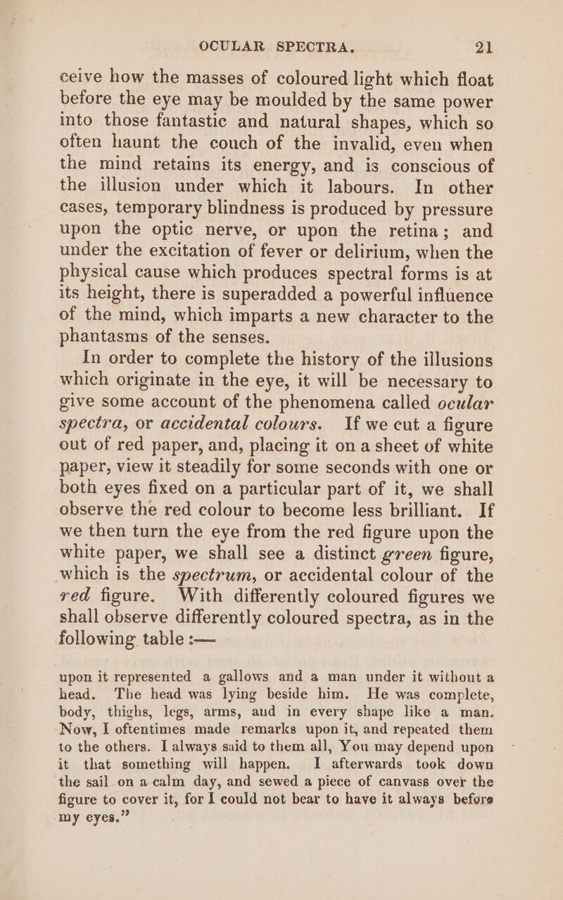 ceive how the masses of coloured light which float before the eye may be moulded by the same power into those fantastic and natural shapes, which so often haunt the couch of the invalid, even when the mind retains its energy, and is conscious of the illusion under which it labours. In other cases, temporary blindness is produced by pressure upon the optic nerve, or upon the retina; and under the excitation of fever or delirium, when the physical cause which produces spectral forms is at its height, there is superadded a powerful influence of the mind, which imparts a new character to the phantasms of the senses. In order to complete the history of the iilusions which originate in the eye, it will be necessary to give some account of the phenomena called ocular spectra, or accidental colours. If we cut a figure out of red paper, and, placing it on a sheet of white paper, view it steadily for some seconds with one or both eyes fixed on a particular part of it, we shall observe the red colour to become less brilliant. If we then turn the eye from the red figure upon the white paper, we shall see a distinct green figure, which is the spectrum, or accidental colour of the ved figure, With differently coloured figures we shall observe differently coloured spectra, as in the following table :— upon it represented a gallows and a man under it without a head. The head was lying beside him. He was complete, body, thighs, legs, arms, aud in every shape like a man. Now, I oftentimes made remarks upon it, and repeated them to the others. I always said to them all, You may depend upon it that something will happen. I afterwards took down the sail on a calm day, and sewed a piece of canvass over the figure to cover it, for I could not bear to have it always before my eyes.”