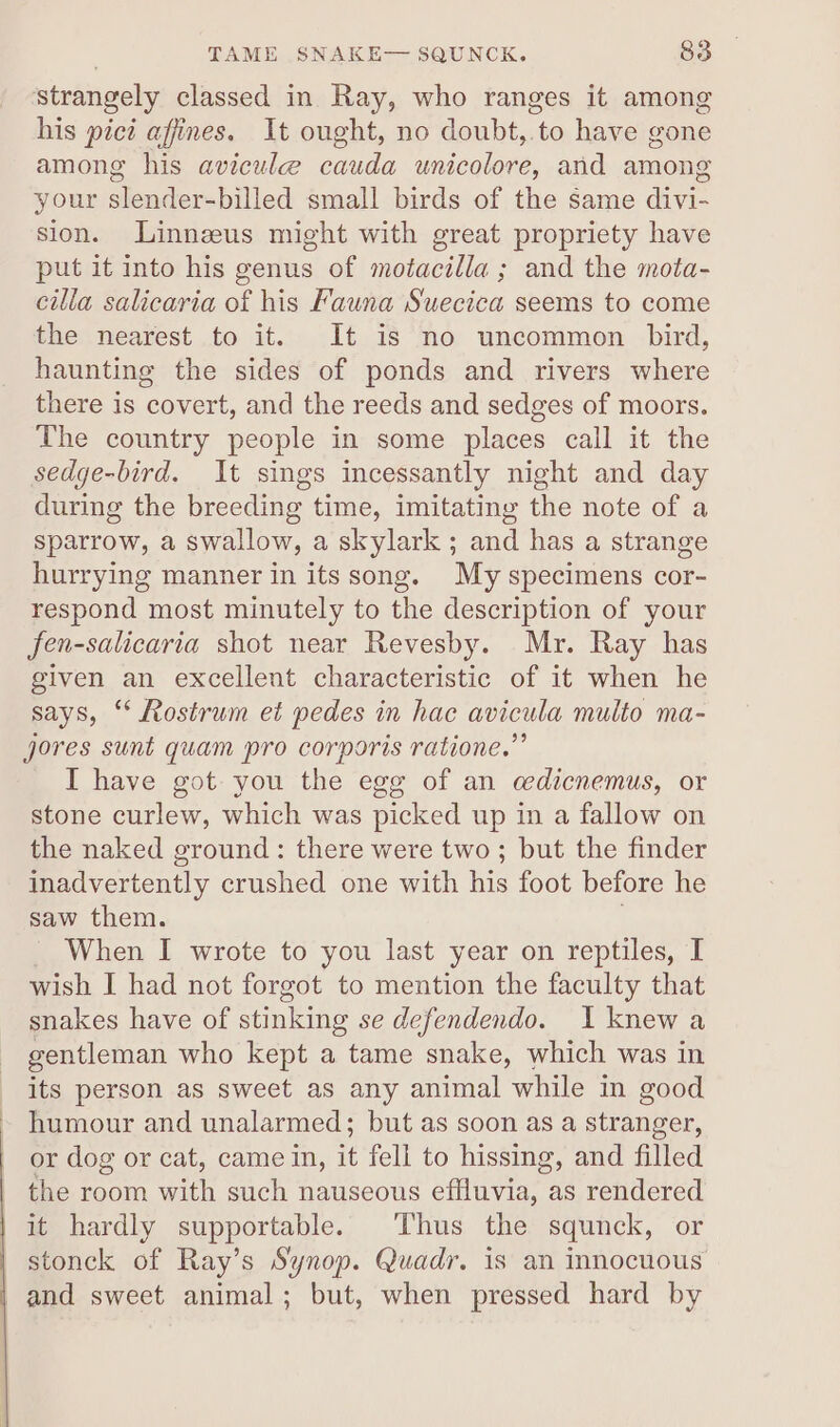 ‘strangely classed in Ray, who ranges it among his pici affines. It ought, no doubt,.to have gone among his avicule cauda unicolore, and among your slender-billed small birds of the same divi- sion. Linnzeus might with great propriety have put it into his genus of motacilla ; and the mota- cilla salicaria of his Fauna Suecica seems to come the nearest to it. It is no uncommon bird, haunting the sides of ponds and rivers where there is covert, and the reeds and sedges of moors. The country people in some places call it the sedge-bird. It sings incessantly night and day during the breeding time, imitating the note of a sparrow, a swallow, a skylark ; and has a strange hurrying manner in its song. My specimens cor- respond most minutely to the description of your fen-salicaria shot near Revesby. Mr. Ray has given an excellent characteristic of it when he says, “‘ Rostrum et pedes in hac avicula multo ma- jores sunt quam pro corporis ratione.” I have got you the egg of an cedicnemus, or stone curlew, which was picked up in a fallow on the naked ground: there were two ; but the finder inadvertently crushed one with his foot before he saw them. . When I wrote to you last year on reptiles, I wish I had not forgot to mention the faculty that snakes have of stinking se defendendo. 1 knew a gentleman who kept a tame snake, which was in its person as sweet as any animal while in good humour and unalarmed; but as soon as a stranger, or dog or cat, came in, it fell to hissing, and filled the room with such nauseous effluvia, as rendered it hardly supportable. Thus the squnck, or stonck of Ray’s Synop. Quadr. is an innocuous _ and sweet animal; but, when pressed hard by