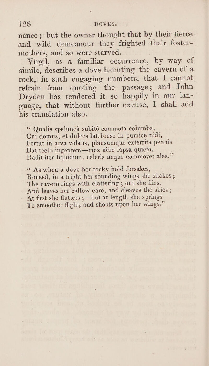 riance; but the owner thought that by their fierce. and wild demeanour they frighted their foster- mothers, and so were starved. Virgil, as a familiar occurrence, by way of simile, describes a dove haunting the cavern of a rock, in such engaging numbers, that I cannot refrain from quoting the passage; and John, Dryden has rendered it so happily in our lan- guage, that without further excuse, | shall add his translation also. : ‘* Qualis spelunca subito commota columba, Cui domus, et dulces latebroso in pumice nidi, Fertur in arva volans, plausumque exterrita pennis Dat tecto ingentem—mox aére lapsa quieto, Radit iter liquidum, celeris neque commovet alas.” «© As when a dove her rocky hold forsakes, Roused, in a fright her sounding wings she shakes ; The cavern rings with clattering ; out she flies, And leaves her callow care, and cleaves the skies ; At first she flutters ;—but at length she springs To smoother flight, and shoots upon her wings.”