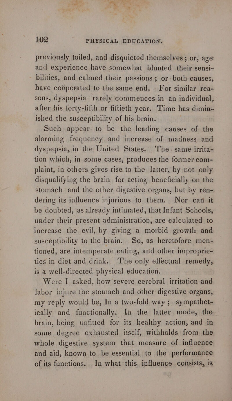 ae ra 102 PHYSICAL EDUCATION. previously toiled, and disquieted themselves; or, age and experience have somewhat blunted their sensi- - bilities, and calmed their passions ; or- both causes, have cooperated to the same end. . For similar rea- sons, dyspepsia rarely commences in an individual, after his forty-fifth or fiftieth year. Time has dimin- ished the susceptibility of his brain. Such appear to be the leading causes of the alarming frequency and increase of madness and dyspepsia, in the United States. The. same irrita- tion which, in some eases, produces the former com- plaint, in others gives rise to the latter, by not only disqualifying the brain for acting beneficially on the stomach and the other digestive organs, but by ren-. dering its influence injurious to them. Nor can it be doubted, as already intimated, that Infant Schools, under their present administration, are calculated to increase the evil, by giving a morbid growth and susceptibility to the brain. So, as heretofore men- tioned, are intemperate eating, and other improprie- ties in diet and drink. The only effectual remedy, is a well-directed physical education. Were I asked, how severe cerebral irritation and labor injure the stomach and other digestive organs, my reply would be, In a two-fold way ; sympathet- ically and functionally. In the latter mode, the brain, being unfitted for its healthy action, and in some degree exhausted itself, withholds from the whole digestive system that measure of influence and aid, known to be essential to the performance of its functions. In what ‘this influence consists, is