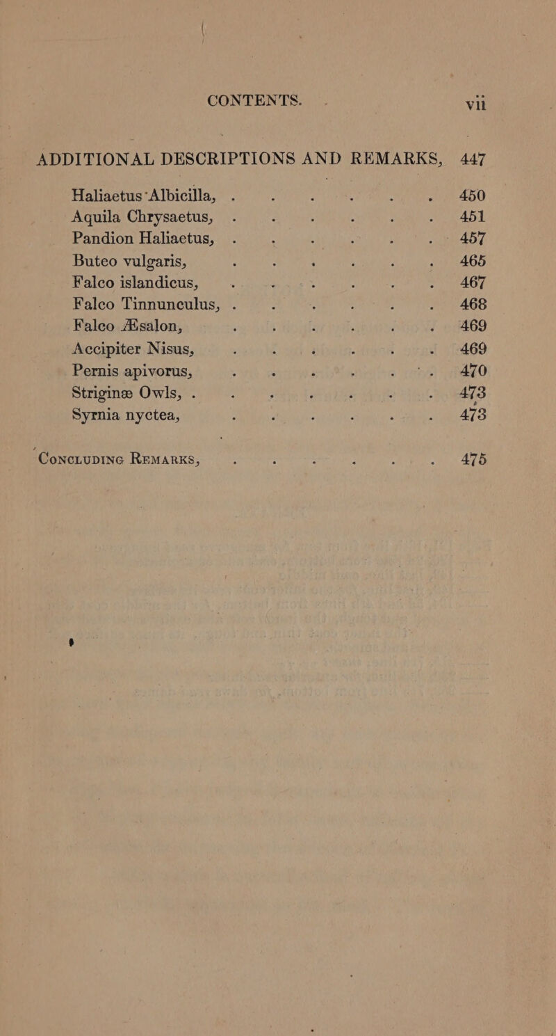 ADDITIONAL DESCRIPTIONS AND REMARKS, Haliaetus Albicilla, Aquila Chrysaetus, Pandion Haliaetus, Buteo vulgaris, Falco islandicus, ; Falco Tinnunculus, . Falco Aisalon, Accipiter Nisus, Pernis apivorus, Strigine Owls, . Syrnia nyctea, Conciupine Remarks, 447 450 451 465 467 468 469 469 470 473 473 475