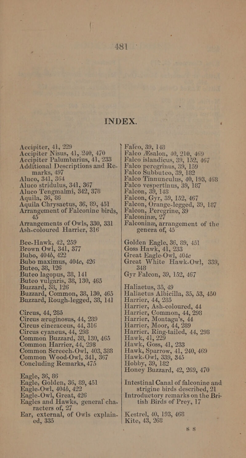 Accipiter, 41, 229 Accipiter Nisus, 4], 240, 470 Accipiter Palumbarius, 41, 233 Additional Descriptions and Re- marks, 497 Aluco, 341, 364 _ Aluco stridulus, 341, 367 Aluco Tengmalmi, 342, 378 Aquila, 36, 86 Aquila Chrysaetus, 36, 89, 451 Arrangement of Falconine birds, 45 Arrangements of Owls, 330, 331 Ash-coloured Harrier, 316 Bee-Hawk, 42, 259 Brown Owl, 341, 377 Bubo, 4046, 422 Bubo maximus, 404c, 426 Buteo, 38, 126 Buteo lagopus, 38, 141 Buteo vulgaris, 38, 130, 465 Buzzard, 38, 126 Buzzard, Common, 38, 130, 465 Buzzard, Rough-legged, 38, 141 Circus, 44, 285 Circus zruginosus, 44, 289 Circus cineraceus, 44, 316 Circus cyaneus, 44, 298 Common Buzzard, 38, 130, 465 Common Harrier, 44, 298 Common Screech-Owl, 403, 388 Common Wood-Owl, 341, 367 Concluding Remarks, 475 Eagle, 36, 86 Eagle, Golden, 36, 89, 451 Eagle-Owl, 4040, 422 Kagle-Owl, Great, 426 A Eagles and Hawks, general cha- racters of, 27 Ear, external, of Owls explain- ed, 335 Falco, 39, 148 Falco salon, 40, 210, 469 Falco islandicus, 39, 152, 467 Falco penne, 39, 159 Falco Subbuteo, 39, 182 Falco Tinnunculus, 40, 193, 468 Falco vespertinus, 39, 187 Falcon, 39, 148 Falcon, Gyr, 39, 152, 467 Falcon, Orange-legged, 39, 187 Falcon, Peregrine, 39 Falconine, 27 Falconine, arrangement of the genera of, 45 Golden Eagle, 36, 89, 451 Goss Hawk, 41, 233 Great Eagle-Owl, 404¢ sin eee es Hawk-Owl, 339, Gyr Falcon, 39, 152, 467 Haliaetus, 35, 49 Haliaetus Albicilla, 35, 53, 450 Harrier, 44, 285 Harrier, Ash-coloured, 44 Harrier, Common, 44, 298 Harrier, Montagu’s, 44 Harrier, Moor, 44, 289 Harrier, Ring-tailed, 44, 298 Hawk, 41, 229 Hawk, Goss, 41, 233 Hawk, Sparrow, 41, 240, 469 Hawk-Owl, 339, 345 Hobby, 39, 182 Honey Buzzard, 42, 269, 470 Intestinal Canal of falconine and strigine birds described, 21 Introductory remarks on the Bri- tish Birds of Prey, 17 Kestrel, 40, 193, 468 Kite, 43, 268 5 8
