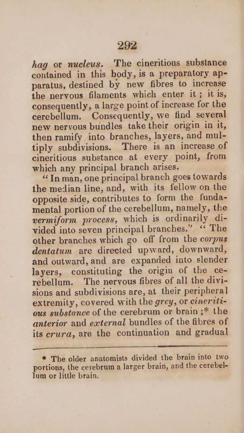 hag or nucleus. The cineritious substance contained in this body, is a preparatory ap- paratus, destined by new fibres to increase the nervous filaments which enter it; it is, consequently, a large point of increase for the cerebellum. Consequently, we find several new nervous bundles take their origin in it, then ramify_ into branches, layers, and mul- tiply subdivisions. There is an increase of cineritious substance at every point, from which any principal branch arises. ‘In man, one principal branch goes towards the median line, and, with its fellow on the opposite side, contributes to form the funda- mental portion of the cerebellum, namely, the vermiform process, which is ordinarily di- vided into seven principal branches.” ‘‘ The other branches which go off from the corpus dentatum are directed upward, downward, and outward, and are expanded into slender layers, constituting the origin of the ce- rebellum. The nervous fibres of all the divi- sions and subdivisions are, at their peripheral extremity, covered with the grey, or cineritt- ous substance of the cerebrum or brain ;* the anterior and external bundles of the fibres of its erura, are the continuation and gradual lye eth pest. cdi eae a tn * The older anatomists divided the brain into two portions, the cerebrum a larger brain, and the cerebel- lum or little brain.