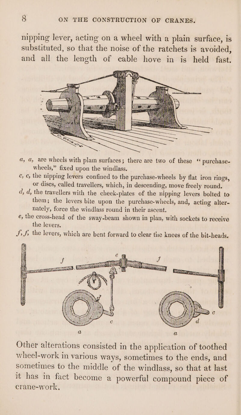 nipping lever, acting on a wheel with a plain surface, is substituted, so that the noise of the ratchets is avoided, and all the length of cable hove in is held fast. apy ewes | : i i - = i _.. | ; —— —_\ es a, a, are wheels with plain surfaces; there are two of these purchase- wheels,” fixed upon the windlass. ¢, ¢, the nipping levers confined to the purchase-wheels by flat iron rings, or discs, called travellers, which, in descending, move freely round. d, d, the travellers with the cheek-plates of the nipping levers bolted to them; the levers bite upon the purchase-wheels, and, acting alter- nately, force the windlass round in their ascent. e, the cross-head of the sway-beam shown in plan, with sockets to receive the levers. J; Jf; the levers, which are bent forward to clear the knees of the bit-heads. Other alterations consisted in the application of toothed wheel-work in various ways, sometimes to the ends, and sometimes to the middle of the windlass, so that at last it has in fact become a powerful compound piece of crane-work,