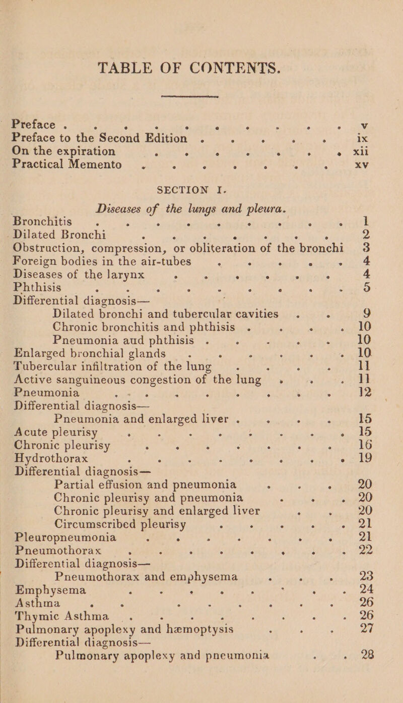 TABLE OF CONTENTS. ' Preface . “ . : - : &gt; Preface to the Second Edition : - ° : a ix On the expiration ¢ : ° : . . e xil Practical Memento. 5 : ° ° . “ xv SECTION I. Diseases of the lungs and pleura. Bronchitis. é - = F . : . Ber | Dilated Bronchi B 2 Obstruction, compression, or obliteration of the bronchi 3 Foreign bodies in the air-tubes : . . ° ie 3 Diseases of the larynx ceatce pine Wankel Gani prote 4 Phthisis r 2 a“ : : : ua Differential diagnosis— Dilated bronchi and tubercular cavities . &gt; 9 Chronic bronchitis and phthisis . . . . 10 Pneumonia aud phthisis . : ; ; A 10 Enlarged bronchial glands. : 2 : : 10 Tubercular infiltration of the lung A 1] Active sanguineous congestion of the lung &gt; ° Pky Pneumonia ‘ . E * s . . ° 12 Differential diagnosis— Pneumonia and enlarged liver . ° ° A 1d Acute pleurisy . : : : : ; . 1 Chronic pleurisy : ° . : : : 16 Hydrothorax : 4 : é : : + 8 Differential diagnosis— Partial effusion and pneumonia &amp; : : 20 Chronic pleurisy and pneumonia * : sin fa Chronic pleurisy and enlarged liver : : 20 Circumscribed pleurisy : i : é *, pak Pleuropneumonia : ° ° : ; 3 21 Pneumothorax : ‘ : : : : a ee Differential diagnosis— Pneumothorax and emphysema fi : : 23 Emphysema : : : : . : : - 24 Asthma ° . : a : : : : 26 Thymic Asthma . : ‘ . . 26 Pulmonary apoplexy and hemoptysis ‘ ; : 27 Differential diagnosis— Pulmonary apoplexy and pneumonia : fae