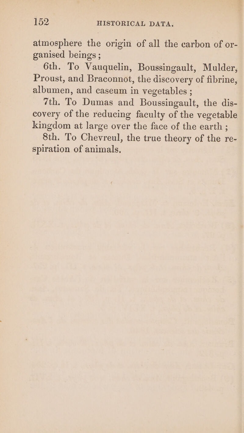 atmosphere the origin of all the carbon of or- ganised beings ; 6th. To Vauquelin, Boussingault, Mulder, Proust, and Braconnot, the discovery of fibrine, albumen, and caseum in vegetables ; 7th. To Dumas and Boussingault, the dis- covery of the reducing faculty of the vegetable kingdom at large over the face of the earth ; 8th. To Chevreul, the true theory of the re- spiration of animals,