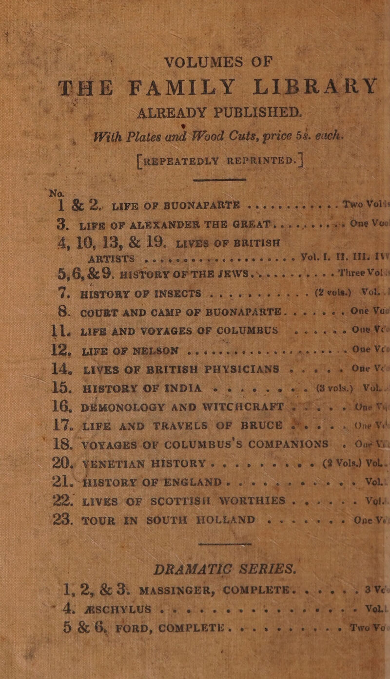 LIVES or BRITISH PHYsterans : HISTORY oF INDIA S64 ke 5 os 16. pémonotocy ann wrecnenaee! ona S 17. (IRE AND TRAVELS’ OF BRUCE &amp;. . “18 ‘VOYAGES OF couumBus’ Ss COMPANIONS: 20. VENETIAN HISTORY... 21.-fisTORY OF ENGLA | 22. LIVES | OF SCOTTISH vVORTHIES 28. ‘TOUR IN ‘SOUTH { HOLLAND « - ie ~ DRAMATIC SERIES. mall i 2, &amp; 3 MASSINGER, COMPLETE. « - ae MSCHYLUS eh ee ee