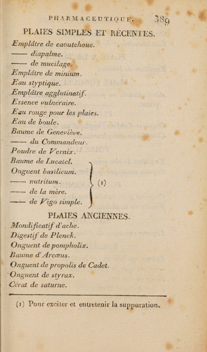 LA k à * : + L, NAT R ….* “ PHARMACEUTIQU Fig 40 », PLAIES SIMPLES ET RÉCENTES. ÆEmplätre de caoutchouc. diapalme. : de mucilag Æmplütre de minium. | au styptique. Le Emplétre agglutinatif. Lssence vulnéraire. Æau rouge pour les plaies. Lau de boule. &amp; Paume de Geneviève, + du Commandeur. Poudre de Vernix. Baume de Lucaiel. Onguent basilicum. —— nutrilum. (x) —— de La mère. de Vigo simple. PLAIES ANCIENNES. dé Mondificatif d’ache. Digestif de Plenck. Onguent de pompholix. Baume d'Arcœus. Onguent de propolis de Cadet, Onguent de styrax. KL Cérat de saturne. 7 x (1) Pour exciter et entretenir la su ppuration, $