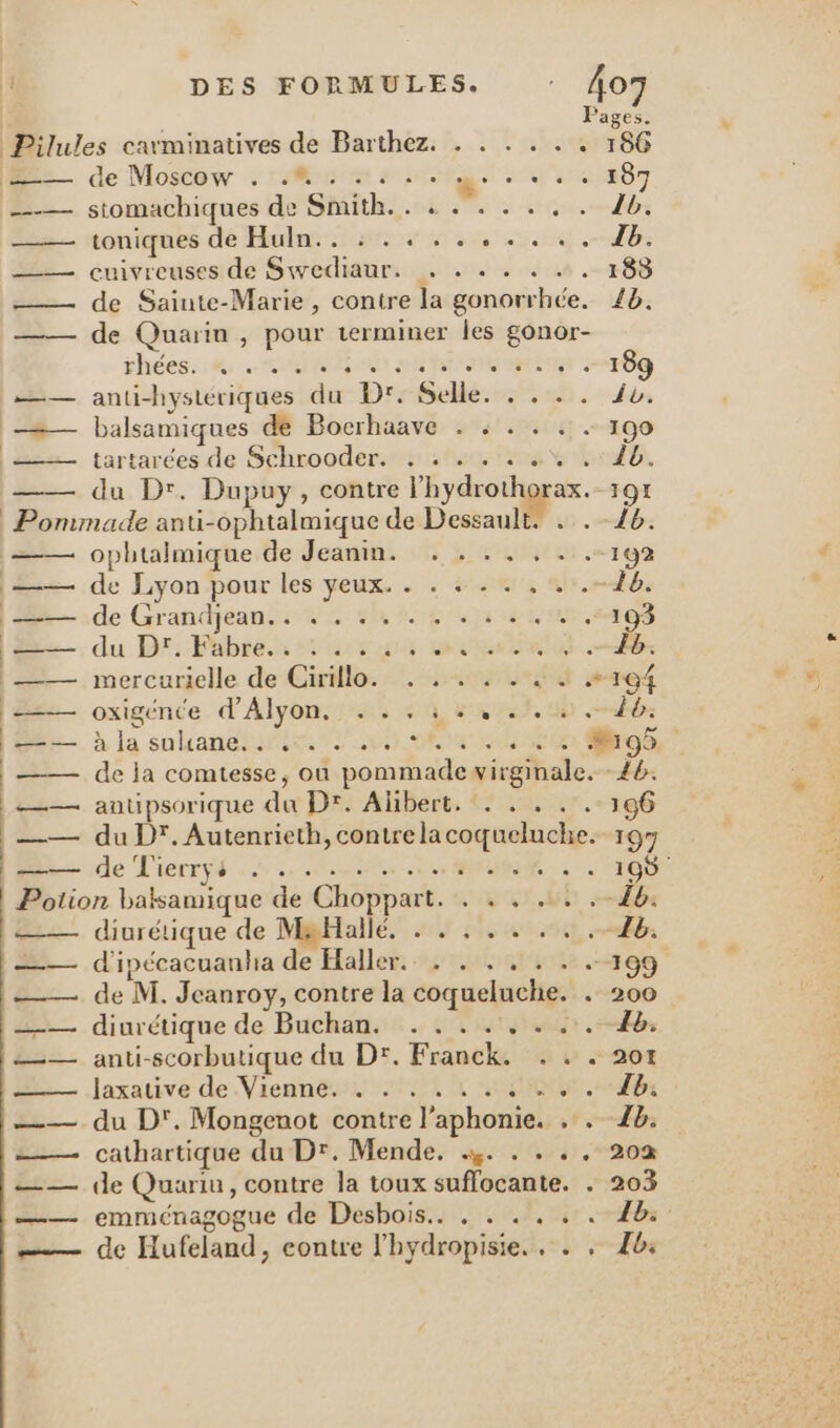 , Pages. Pilules carminatives de Barthez. . . . . .. 186 D de Moscow : Mu pong dl 71287 D — stomachiques de Shith.ue sm 2-6. le de toniques dé Hilton is si ane dE: —— cuivreuses de PR TP dite) ee 54 183 ——— de Sainte-Marie, contre la gonorrhée. 16. —— de Quarin, pour terminer les gonor- —— anti-hysteriques dx DrrÉellé:r20, 1». —— balsamiques dé Boerhaave - « . . : ce 22. tartarées de Schrooders:stouteos ind. —— du Dr. Dupuy, contre l’hydrothorax. 191 Pommade antui-ophtalmique de Dessault. . . 46. ophtalmique de Jeanin. . . . . . . .-192 —— de Lyon pour les yeux. . . + . . . . .-46. | —— de Grandjean.. 4... .. . .. 1,493 ee, du Dr: Pébren 28 OR. Îb. —— mercurielle de Cirillo. . . + . .-{ J +194 2 oxigence d’Alyon, . . : 1 5, 7,00 db: D à la solcaneiei es M9, | —— de ja comtesse, ou pommade virginale. 4b. —— anuipsorique Fe Das Albert, 1807. 196 _—— du DT. Autenrieth, contre lacoqueluche. 197 =—— de Tierrÿs : 1 CT DR C4 Potion balsamique de Choppart. ARR bé db: diurétique de MaHallé. . . . . . . . 46. |=— d'ipécacuanha de Halleë realite 409 =. de M. Jeanroy, contre la coqueluche. . 200 Di— diurétique de Buchan.:: 4 . 190,18; — anti-scorbutique du D*. Franck. . . . 207 ——— Jaxative de Vienne. . . . . 0 bi —— du D'. Mongenot contre l'aphonie. 1 db: =— cathartique du Dr. Mende. 4. . . . . 202 =. de Quarin, contre la toux suffocante. . 203 —— emménagogue de Desbois.. . . . . . . 4b: —— de Hufeland, eontre l'hydropisie. , . ; 1b: