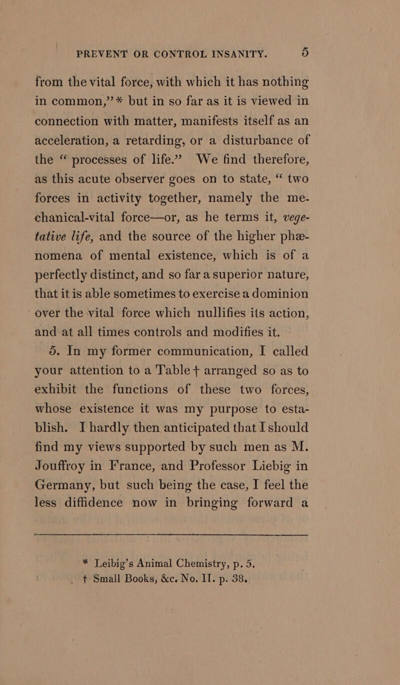 from the vital force, with which it has nothing in common,”’* but in so far as it is viewed in connection with matter, manifests itself as an acceleration, a retarding, or a disturbance of the “ processes of life.” We find therefore, as this acute observer goes on to state, “ two forces in activity together, namely the me- chanical-vital force—or, as he terms it, vege- tative life, and the source of the higher phe- nomena of mental existence, which is of a perfectly distinct, and so far asuperior nature, that it is able sometimes to exercise a dominion over the vital force which nullifies its action, and at all times controls and modifies it. 5. In my former communication, I called your attention to a Table + arranged so as to exhibit the functions of these two forces, whose existence it was my purpose to esta- blish. I hardly then anticipated that I should find my views supported by such men as M. Jouffroy in France, and Professor Liebig in Germany, but such being the case, I feel the less diffidence now in bringing forward a * Leibig’s Animal Chemistry, p. 5.