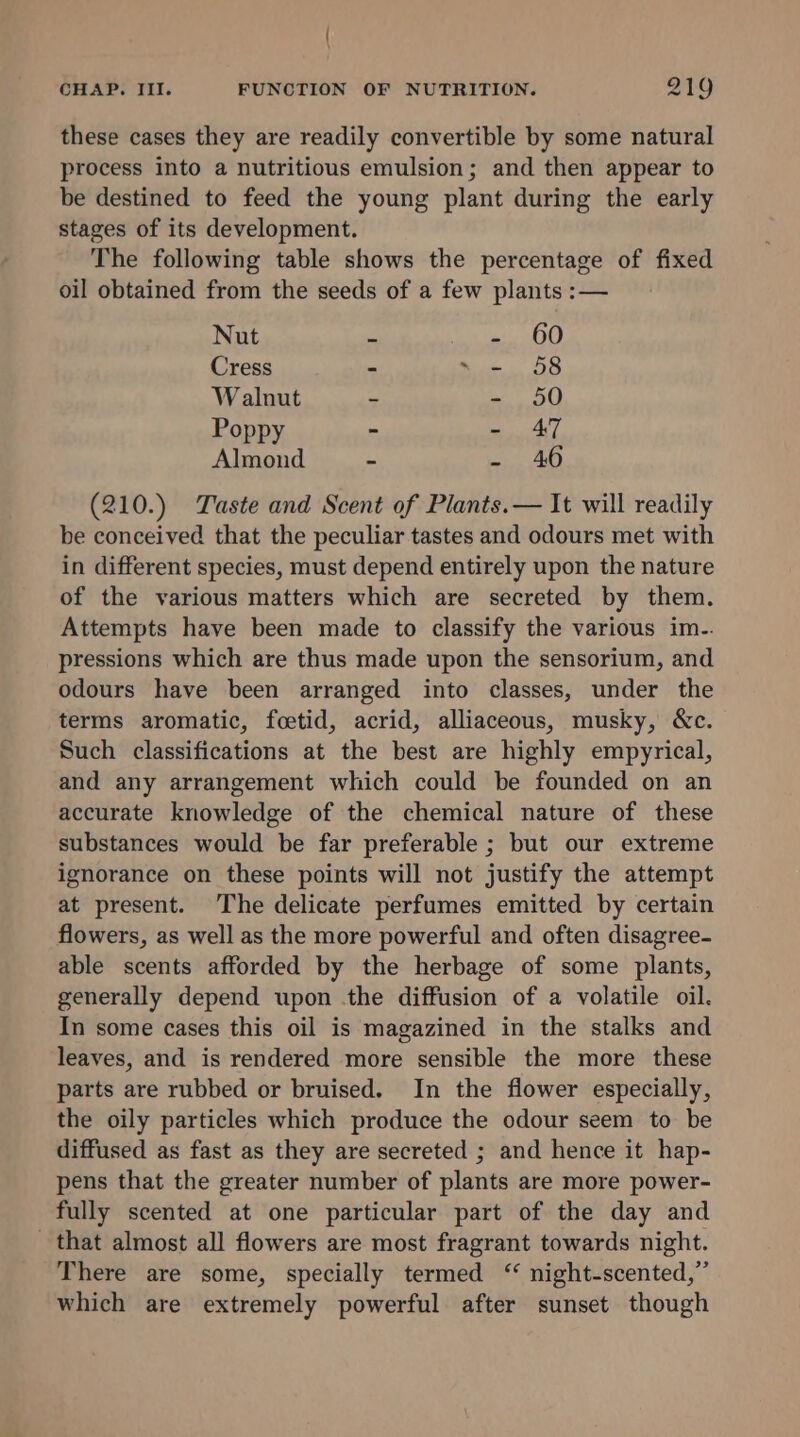 . CHAP. III. FUNCTION OF NUTRITION. 219 these cases they are readily convertible by some natural process into a nutritious emulsion; and then appear to be destined to feed the young plant during the early stages of its development. The following table shows the percentage of fixed oil obtained from the seeds of a few plants :— Nut e: - 60 Cress - ~ - 58 Walnut - - 50 Poppy - - AT Almond 2 40 (210.) Taste and Scent of Plants.— It will readily be conceived that the peculiar tastes and odours met with in different species, must depend entirely upon the nature of the various matters which are secreted by them. Attempts have been made to classify the various im-. pressions which are thus made upon the sensorium, and odours have been arranged into classes, under the terms aromatic, foetid, acrid, alliaceous, musky, &c. Such classifications at the best are highly empyrical, and any arrangement which could be founded on an accurate knowledge of the chemical nature of these substances would be far preferable ; but our extreme ignorance on these points will not justify the attempt at present. The delicate perfumes emitted by certain flowers, as well as the more powerful and often disagree- able scents afforded by the herbage of some plants, generally depend upon the diffusion of a volatile oil. In some cases this oil is magazined in the stalks and leaves, and is rendered more sensible the more these parts are rubbed or bruised. In the flower especially, the oily particles which produce the odour seem to be diffused as fast as they are secreted ; and hence it hap- pens that the greater number of plants are more power- fully scented at one particular part of the day and that almost all flowers are most fragrant towards night. There are some, specially termed “ night-scented,” which are extremely powerful after sunset though