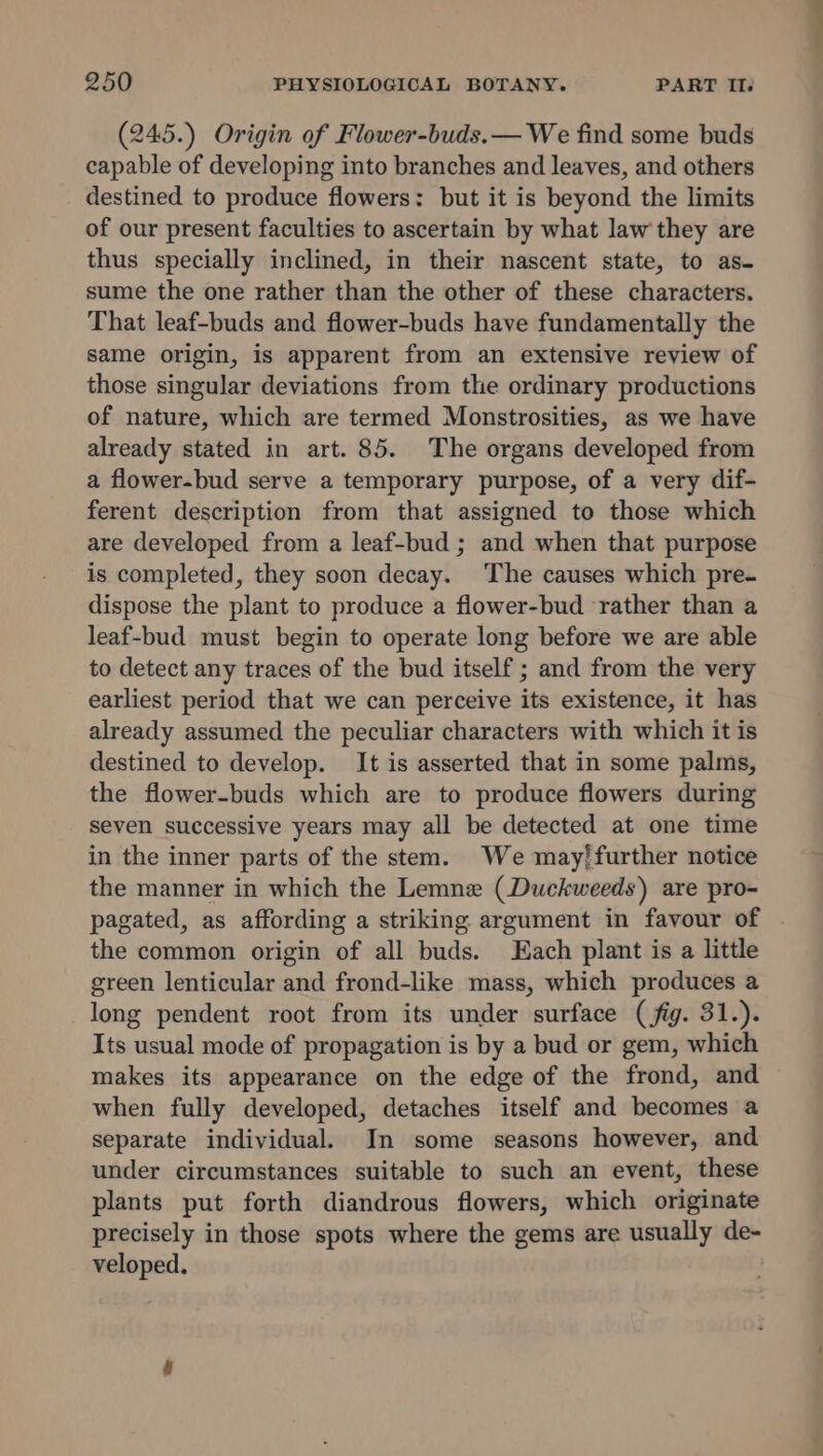 (245.) Origin of Flower-buds.— We find some buds capable of developing into branches and leaves, and others destined to produce flowers: but it is beyond the limits of our present faculties to ascertain by what law they are thus specially inclined, in their nascent state, to as- sume the one rather than the other of these characters. That leaf-buds and flower-buds have fundamentally the same origin, is apparent from an extensive review of those singular deviations from the ordinary productions of nature, which are termed Monstrosities, as we have already stated in art. 85. The organs developed from a flower-bud serve a temporary purpose, of a very dif- ferent description from that assigned to those which are developed from a leaf-bud ; and when that purpose is completed, they soon decay. The causes which pre- dispose the plant to produce a flower-bud rather than a leaf-bud must begin to operate long before we are able to detect any traces of the bud itself ; and from the very earliest period that we can perceive its existence, it has already assumed the peculiar characters with which it is destined to develop. It is asserted that in some palms, the flower-buds which are to produce flowers during seven successive years may all be detected at one time in the inner parts of the stem. We may!further notice the manner in which the Lemne (Duckweeds) are pro- pagated, as affording a striking argument in favour of . the common origin of all buds. Lach plant is a little green lenticular and frond-like mass, which produces a long pendent root from its under surface (fig. 31.). Its usual mode of propagation is by a bud or gem, which makes its appearance on the edge of the frond, and when fully developed, detaches itself and becomes a separate individual. In some seasons however, and under circumstances suitable to such an event, these plants put forth diandrous flowers, which originate precisely in those spots where the gems are usually de- veloped.