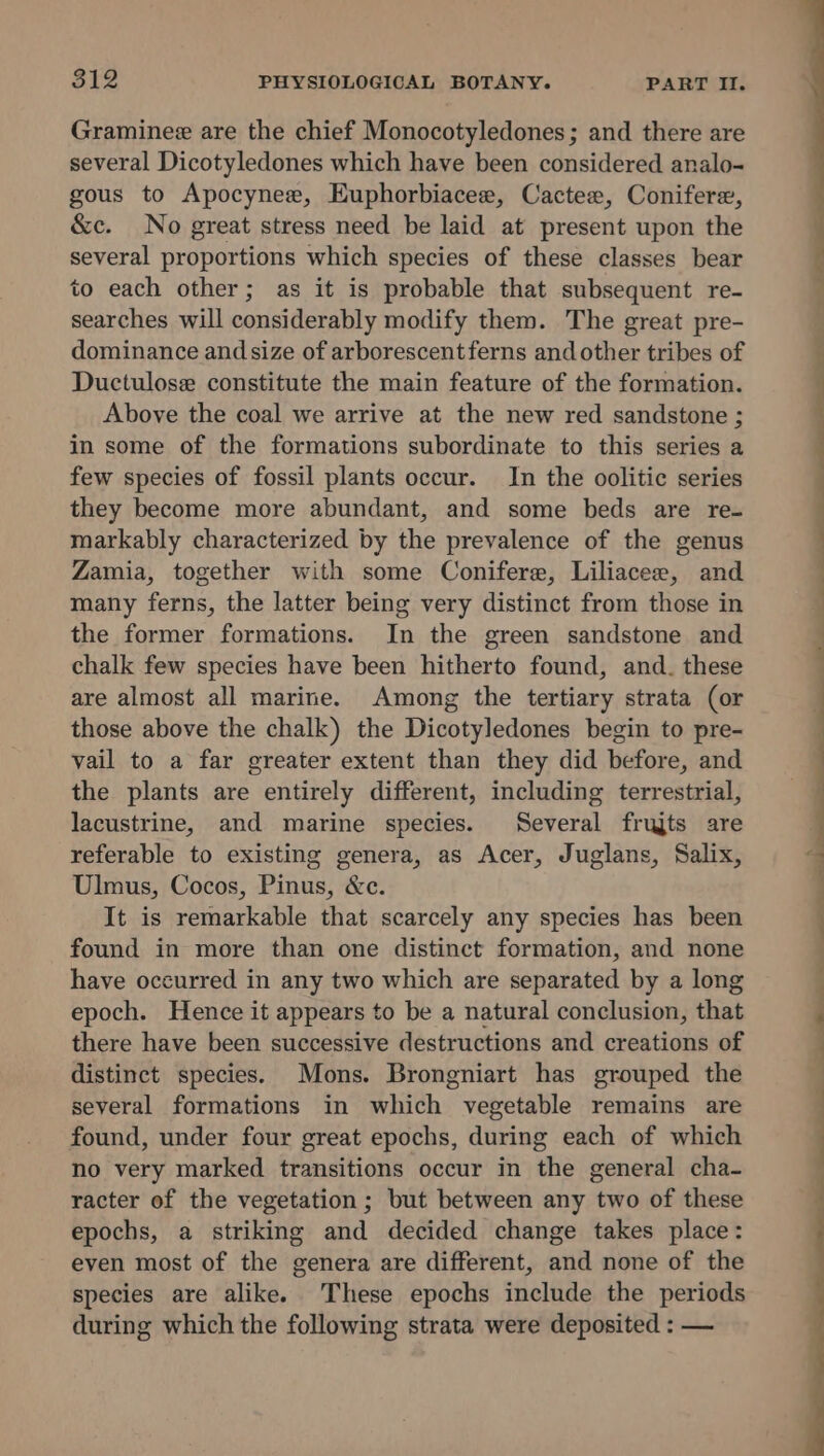 Graminee are the chief Monocotyledones; and there are several Dicotyledones which have been considered analo- gous to Apocynee, Euphorbiacee, Cactee, Conifere, &amp;c. No great stress need be laid at present upon the several proportions which species of these classes bear to each other; as it is probable that subsequent re- searches will considerably modify them. The great pre- dominance and size of arborescent ferns and other tribes of Ductulose constitute the main feature of the formation. Above the coal we arrive at the new red sandstone ; in some of the formations subordinate to this series a few species of fossil plants occur. In the oolitic series they become more abundant, and some beds are re- markably characterized by the prevalence of the genus Zamia, together with some Conifer, Liliacee, and many ferns, the latter being very distinct from those in the former formations. In the green sandstone and chalk few species have been hitherto found, and. these are almost all marine. Among the tertiary strata (or those above the chalk) the Dicotyledones begin to pre- vail to a far greater extent than they did before, and the plants are entirely different, including terrestrial, lacustrine, and marine species. Several frujts are referable to existing genera, as Acer, Juglans, Salix, Ulmus, Cocos, Pinus, &amp;c. It is remarkable that scarcely any species has been found in more than one distinct formation, and none have occurred in any two which are separated by a long epoch. Hence it appears to be a natural conclusion, that there have been successive destructions and creations of distinct species. Mons. Brongniart has grouped the several formations in which vegetable remains are found, under four great epochs, during each of which no very marked transitions occur in the general cha- racter of the vegetation; but between any two of these epochs, a striking and decided change takes place: even most of the genera are different, and none of the species are alike. These epochs include the periods during which the following strata were deposited : — 