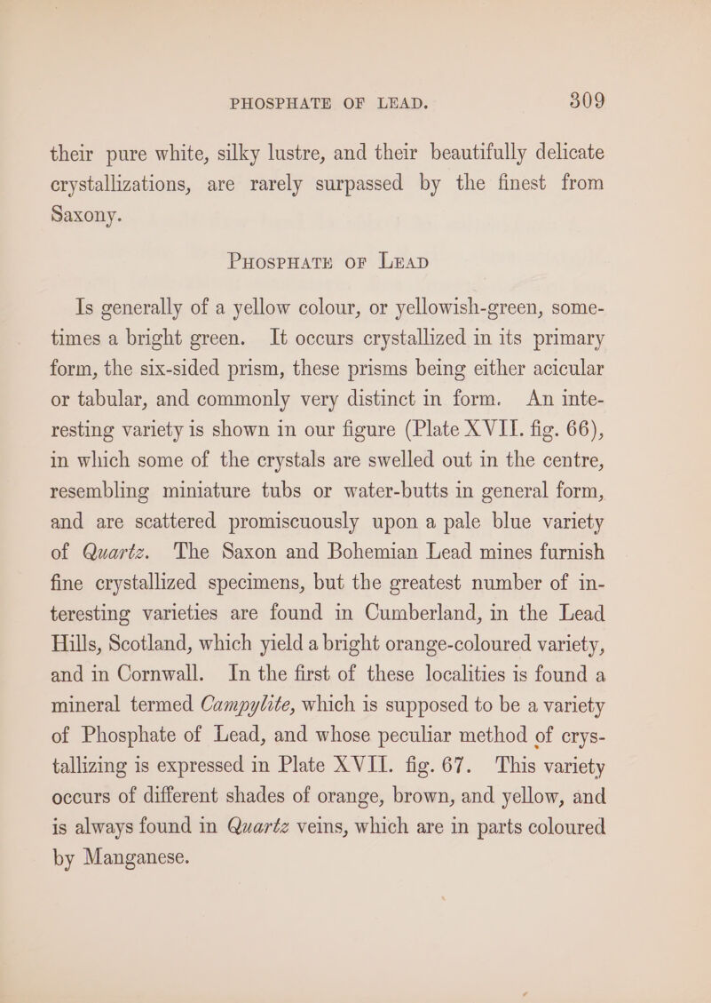their pure white, silky lustre, and their beautifully delicate crystallizations, are rarely surpassed by the finest from Saxony. PHOSPHATE OF LEAD Is generally of a yellow colour, or yellowish-green, some- times a bright green. It occurs crystallized in its primary form, the six-sided prism, these prisms being either acicular or tabular, and commonly very distinct in form. An inte- resting variety is shown in our figure (Plate X VIL. fig. 66), in which some of the crystals are swelled out in the centre, resembling miniature tubs or water-butts in general form, and are scattered promiscuously upon a pale blue variety of Quartz. The Saxon and Bohemian Lead mines furnish fine crystallized specimens, but the greatest number of in- teresting varieties are found in Cumberland, in the Lead Hills, Scotland, which yield a bright orange-coloured variety, and in Cornwall. In the first of these localities is found a mineral termed Campylite, which is supposed to be a variety of Phosphate of Lead, and whose peculiar method of crys- tallizing is expressed in Plate XVII. fig. 67. This variety occurs of different shades of orange, brown, and yellow, and is always found in Quartz veins, which are in parts coloured by Manganese.