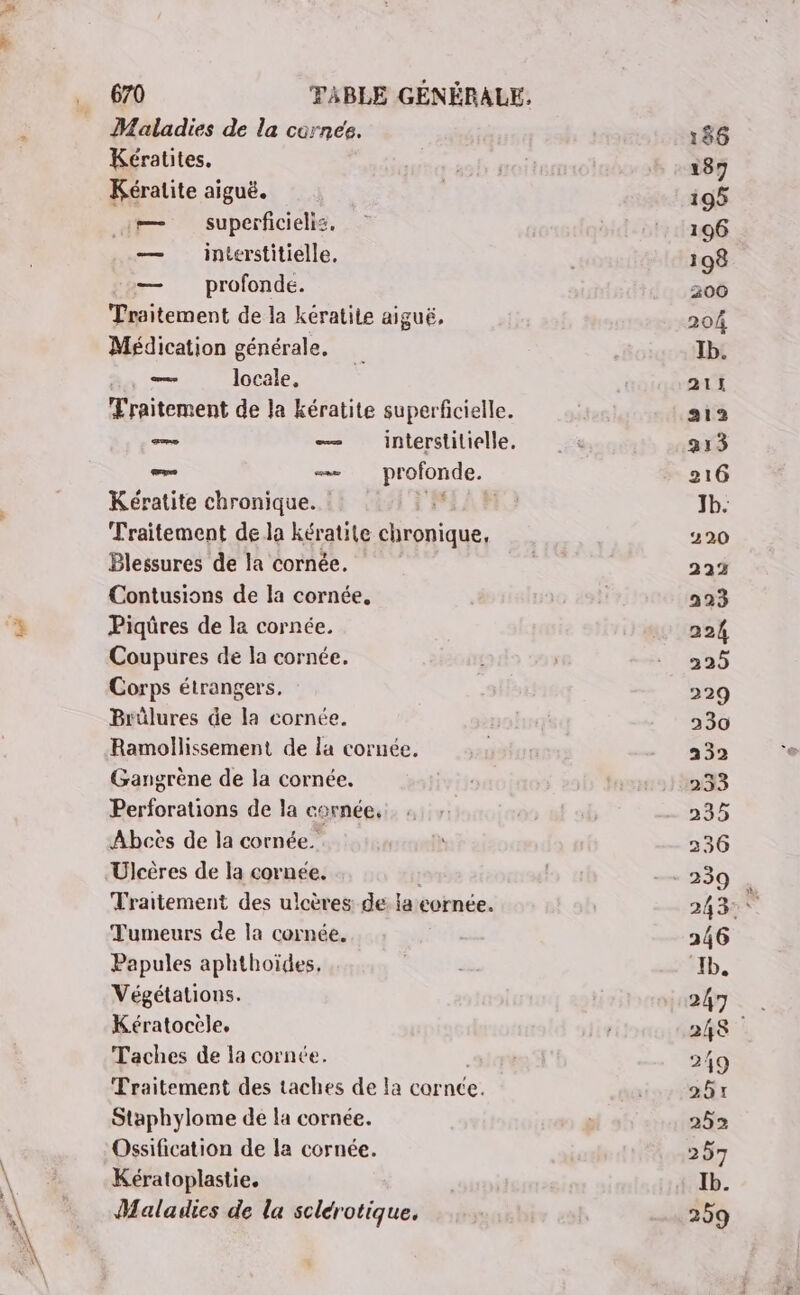 Maladies de la cornée. Kératites. Kératite aiguë. — superficieliz, — interstitielle, — profonde. Traitement de la kératiie aiguë, Médication générale, — locale, Traitement de la kératite superficielle. ame — interstilielle. vs _ RUN Kératite chronique. Traitement de la kératile FE Blessures de la cornée. Contusions de la cornée, Piqûres de la cornée. Coupures de la cornée. Corps étrangers. Brülures de la cornée. Ramollissement de la cornée, Gangrène de la cornée. D oral A de la cornée, Abcès de la cornée. Traitement des ulcères de la cornée. Tumeurs de la cornée. Papules aphthoïdes. Végétations. Kératocele, Taches de la cornée. Traitement des taches de la cornce. Staphylome de la cornée. Ossification de la cornée. Kératoplastie. Maladies de la sclérotique. 156 187 195 196 198 200 204 Ib. 211! 312 313 216 Jb. 220 223 223 224 329 229 230 252 233 235 236 243 246 Ib. 247 219 2517 252 257 Ib. 259