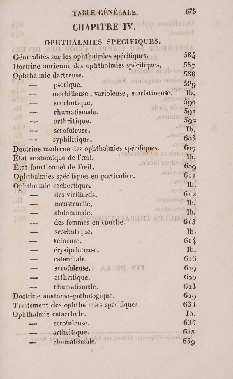 CHAPITRE IV. OPHTHALMIES SPÉCIFIQUES. Généralités sur les ophthalmies spécifiques. Doctrine ancienne des ophthalmies spécifiques, Ophthalmie dartreuse. mn? psorique. scorbutique, rhumatismale. arthritique. scrofuleuse. syphilitique. Doctrine moderne des ophthalnies spécifi ques. État anatomique de l'œil. État fonctionnel de l'œil. Ophthalmies spécifiques en particulier. Ophthalmie cachectique. ed FN _ des vieillards, _—— menstruelle, — abdominale. | — des femmes en couche. — scorbutique, d— veineuse. _— érysipélateuse. — catarrhale. cm scrofuleuse. — arthritique. — rhumatismale. Doctrine anatomo-pathologique. Traitement des ophthalmies spécifiques. Ophthalmie catarrhale. — scrofuleuse. — _- arthritique. ae rhumatismale.