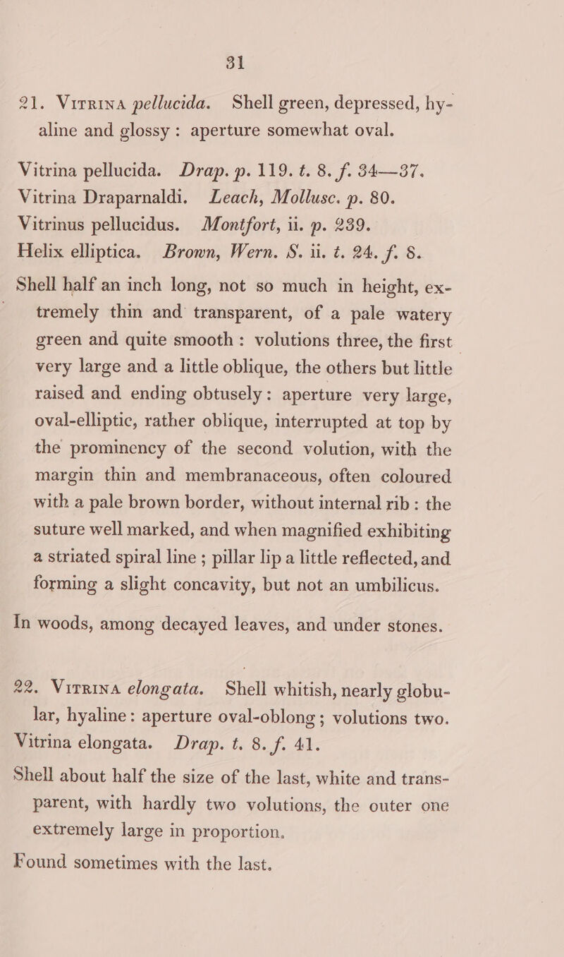 21. Virrina pellucida. Shell green, depressed, hy- aline and glossy: aperture somewhat oval. Vitrina pellucida. Drap. p. 119. t. 8. f. 34—37. Vitrina Draparnaldi. Leach, Mollusc. p. 80. Vitrinus pellucidus. Montfort, ii. p. 239. Helix elliptica. Brown, Wern. S. ii. t. 24. f. 8. Shell half an inch long, not so much in height, ex- _ tremely thin and transparent, of a pale watery green and quite smooth : volutions three, the first very large and a little oblique, the others but little raised and ending obtusely: aperture very large, oval-elliptic, rather oblique, interrupted at top by the prominency of the second volution, with the margin thin and membranaceous, often coloured with a pale brown border, without internal rib : the suture well marked, and when magnified exhibiting a striated spiral line; pillar lip a little reflected, and forming a slight concavity, but not an umbilicus. In woods, among decayed leaves, and under stones. 22. Virrina elongata. Shell whitish, nearly globu- lar, hyaline: aperture oval-oblong ; volutions two. Vitrina elongata. Drap. t. 8. f. 41. Shell about half the size of the last, white and trans- parent, with hardly two volutions, the outer one extremely large in proportion. Found sometimes with the last.