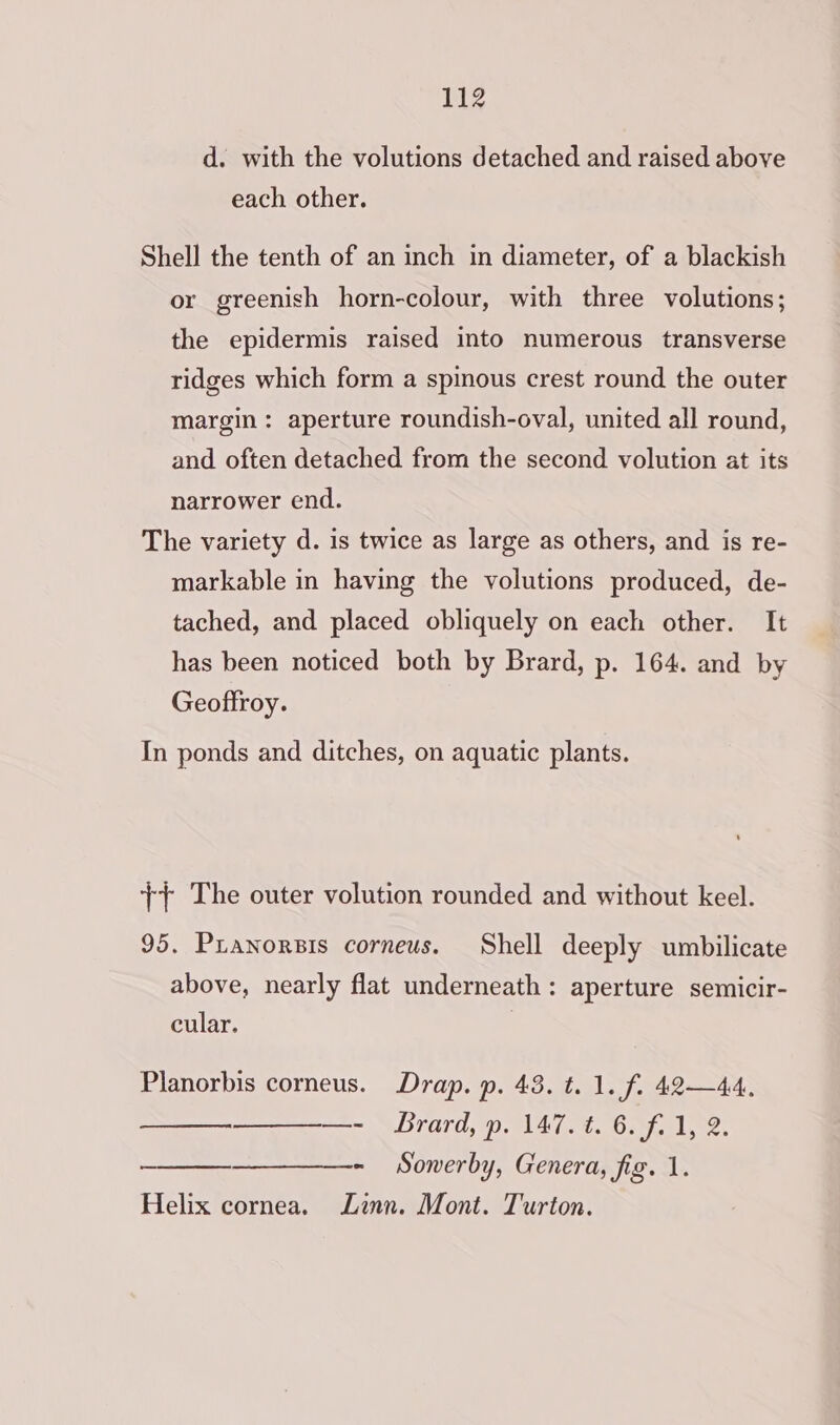 d. with the volutions detached and raised above each other. Shell the tenth of an inch in diameter, of a blackish or greenish horn-colour, with three volutions; the epidermis raised into numerous transverse ridges which form a spinous crest round the outer margin : aperture roundish-oval, united all round, and often detached from the second volution at its narrower end. The variety d. is twice as large as others, and is re- markable in having the volutions produced, de- tached, and placed obliquely on each other. It has been noticed both by Brard, p. 164. and by Geoffroy. In ponds and ditches, on aquatic plants. ++ The outer volution rounded and without keel. 95. Pranorsis corneus. Shell deeply umbilicate above, nearly flat underneath: aperture semicir- cular. | Planorbis corneus. Drap. p. 43. t. 1. f. 42—44. —- Brard, p. 147. +4. 6. f. 1, 2. —_———- Sonerby, Genera, fig. 1. Helix cornea. Linn. Mont. Turton.