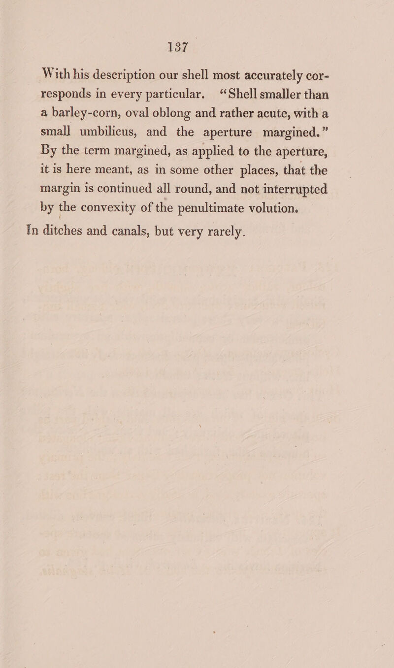 With his description our shell most accurately cor- responds in every particular. “Shell smaller than a barley-corn, oval oblong and rather acute, with a small umbilicus, and the aperture margined.” By the term margined, as applied to the aperture, it is here meant, as in some other places, that the margin is continued all round, and not interrupted by the convexity of the penultimate volution.