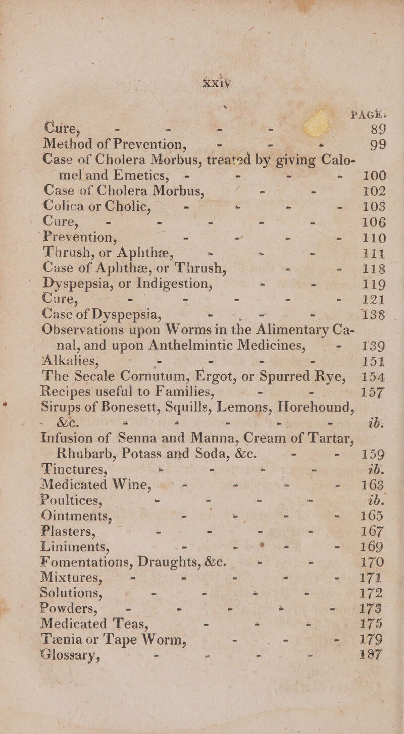 SKY : 5 y Be PAGE: Cure, - eee ee Oe 89 Method of Prevention, _—- 99 Case of Cholera Morbus, treated By. giving Calo. meland Emetics, - 100 Case of Cholera Morbus, om ~ 102 Colica or Cholic, —- » - - 103 Cure, = - ~ ~ - 106 Prevention, rahe - - - 110 Tarush, or Aphthe, - - = 114 Case of Aphthz,-or Thrush, - - 118 Dyspepsia, or pulipestion, - - 119 Cure, - : - - ean 4 | Case of Dyspepsia, - - - 138 | Observations upon Worms in the Alimentary Ca- nal, and upon Anthelmintic ee eee, ‘Alkalies, - - 151 The Secale Cornutum, Ergot, or Spurred Baa: 154 Recipes useful to Families, - 157 Sirups of Bonesett, Squills, Lemons, Horeheina; &amp;c. “ a - - - ab. Infusion of Senna and Manna, Cream of Tartar, Rhubarb, Potass and noun &amp;e. ~ - 159 Tinctures, » - - ab. Medicated Wine, — - - - - 163 Poultices, — - - - - ab. Ointments, ete: - - 165 Plasters, - - - - 167 Liniments, - &lt;= @ ee - 169 Fomentations, Draughts, &amp;c. - - 170 Mixtures, = - “ - : - 171 Solutions, &gt; - - Ge 172 Powders, - - - “ - 173 Medicated Teas, - - = 175 Tenia or Tape Worm, She Ve ETD Glossary, - - - - 437