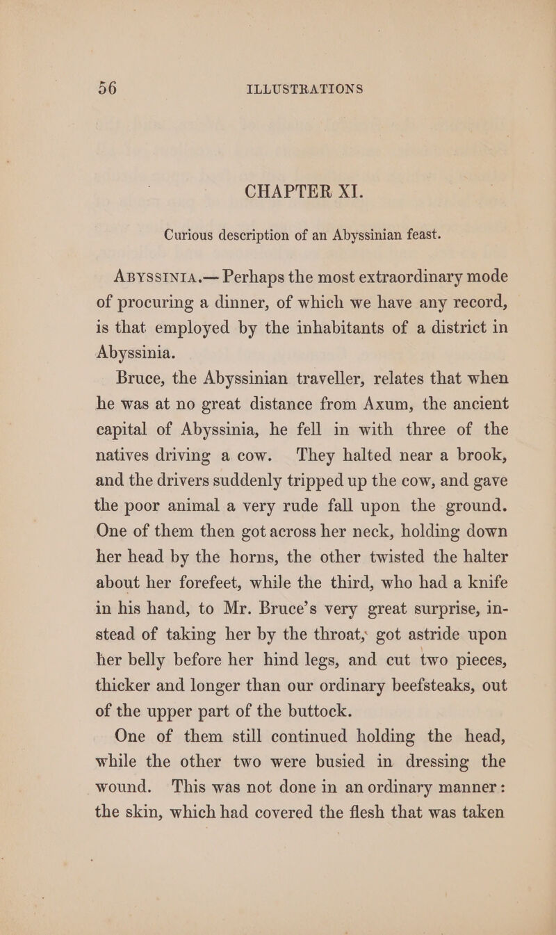 CHAPTER XI. Curious description of an Abyssinian feast. ABYSSINIA.— Perhaps the most extraordinary mode of procuring a dinner, of which we have any record, is that employed by the inhabitants of a district in Abyssinia. Bruce, the Abyssinian traveller, relates that when he was at no great distance from Axum, the ancient capital of Abyssinia, he fell in with three of the natives driving acow. They halted near a brook, and the drivers suddenly tripped up the cow, and gave the poor animal a very rude fall upon the ground. One of them then got across her neck, holding down her head by the horns, the other twisted the halter about her forefeet, while the third, who had a knife in his hand, to Mr. Bruce’s very great surprise, in- stead of taking her by the throat, got astride upon her belly before her hind legs, and cut two pieces, thicker and longer than our ordinary beefsteaks, out of the upper part of the buttock. One of them still continued holding the head, while the other two were busied in dressing the wound. This was not done in an ordinary manner: the skin, which had covered the flesh that was taken