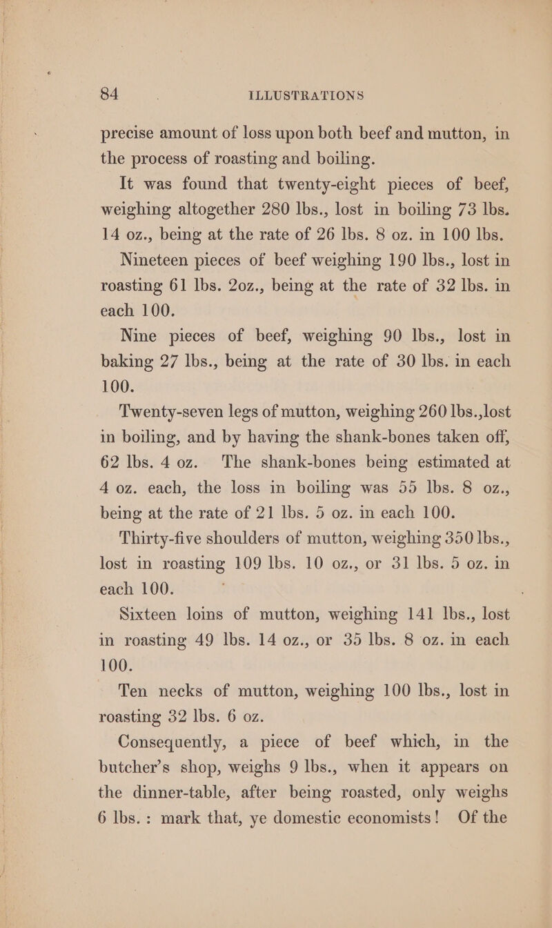 precise amount of loss upon both beef and mutton, in the process of roasting and boiling. It was found that twenty-eight pieces of beef, weighing altogether 280 lbs., lost in boiling 73 lbs. 14 oz., being at the rate of 26 lbs. 8 oz. in 100 lbs. Nineteen pieces of beef weighing 190 lbs., lost in roasting 61 lbs. 20z., being at the rate of 32 Ibs. in each 100. Nine pieces of beef, weighing 90 lIbs., lost in baking 27 lbs., beng at the rate of 30 lbs. in each 100. Twenty-seven legs of mutton, weighing 260 lbs.,lost in boiling, and by having the shank-bones taken off, 62 lbs. 4 0z. The shank-bones being estimated at 4 oz. each, the loss in boiling was 55 lbs. 8 oz., being at the rate of 21 lbs. 5 oz. in each 100. Thirty-five shoulders of mutton, weighing 350 lbs., lost in roasting 109 lbs. 10 0z., or 31 lbs. 5 oz. in each 100. Sixteen loins of mutton, weighing 141 lbs., lost in roasting 49 lbs. 14 0z., or 35 lbs. 8 oz. in each 100. Ten necks of mutton, weighing 100 lbs., lost in roasting 32 lbs. 6 oz. Consequently, a piece of beef which, in the butcher’s shop, weighs 9 lbs., when it appears on the dinner-table, after being roasted, only weighs 6 lbs.: mark that, ye domestic economists! Of the