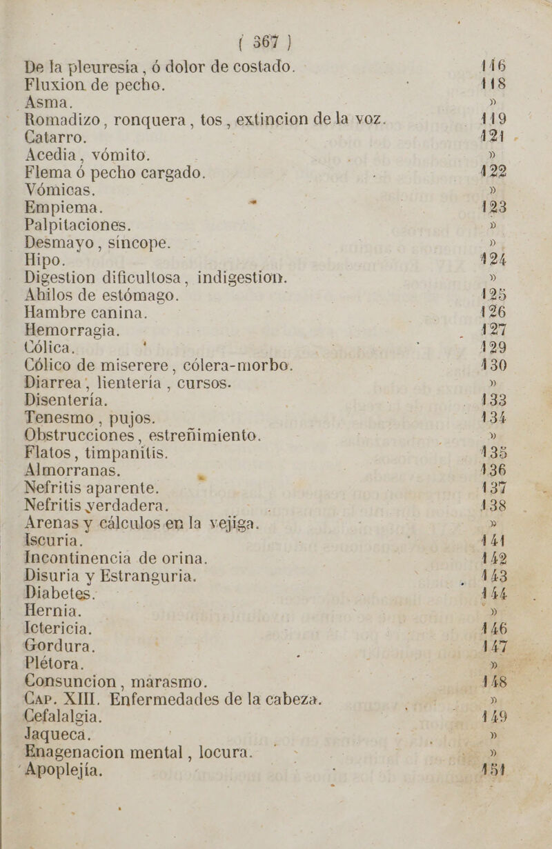 De la pleuresia , 6 dolor de costado. Fluxion de pecho. _ Asma. Catarro. Acedia, vómito. Flema ó pecho cargado. Vómicas. Empiema. Palpitaciones. _ Desmayo, síncope. Hipo. Digestion dificultosa, indigestior». Ahilos de estómago. Hambre canina. Hemorragia. Cólica. ] Cólico de miserere, cólera-morbo. Diarrea, lientería , CUrsos. Disentería. Tenesmo , pujos. Obstrucciones, estreñimiento. Flatos , timpanitis. Almorranas. Nefritis aparente. Nefritis yerdadera. Arenas y cálculos en la vejiga. Iscuria. Incontinencia de orina. Disuria y Estranguria. Diabetes. Hernia. Ictericia. Gordura. Plétora. Consuncion, marasmo. Car. XIII. Enfermedades de la cabeza. Cefalalgia. Jaqueca. Enagenacion TA locura. “Apoplejía.