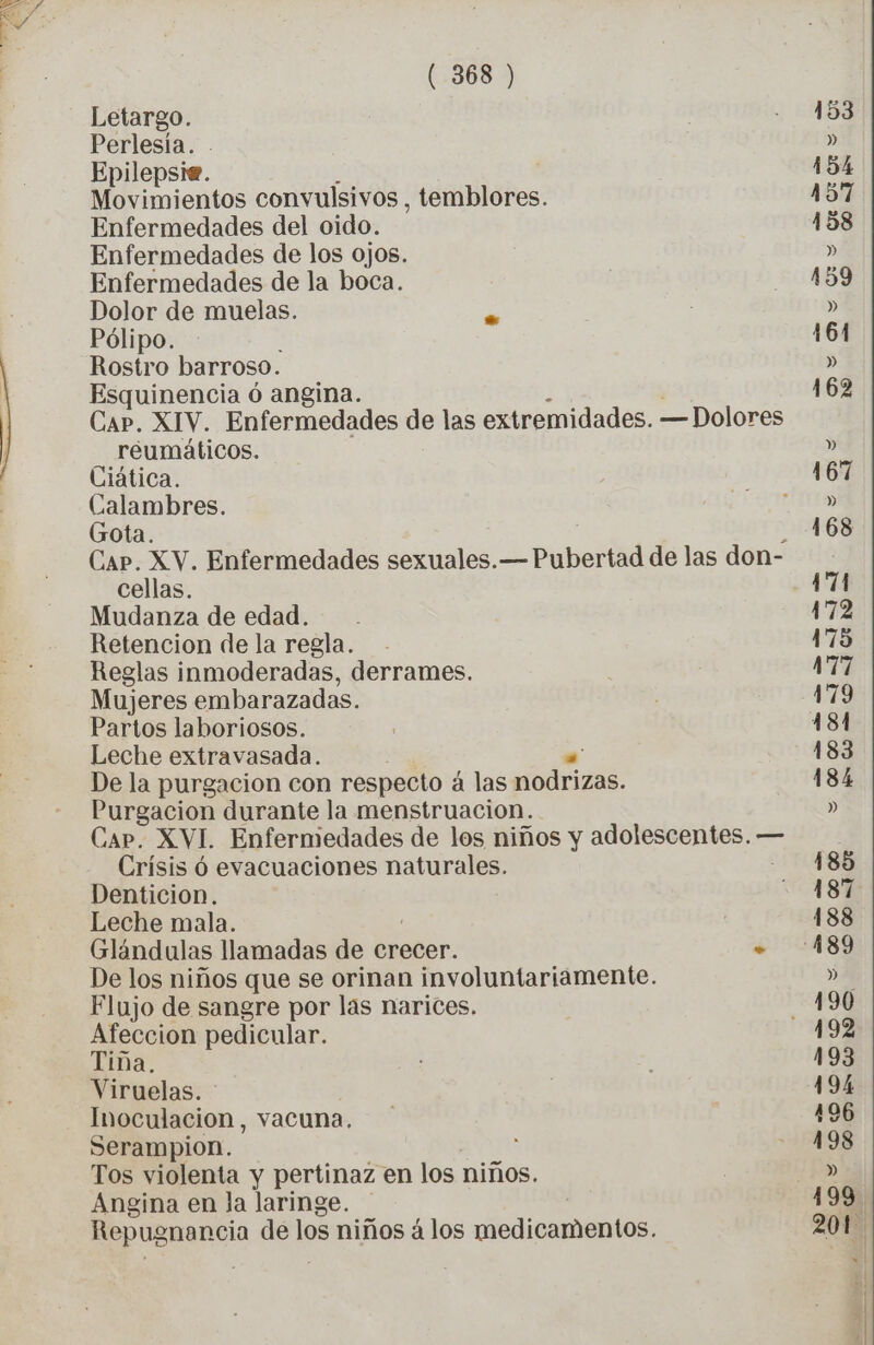 Letargo. Perlesia. Epilepsie. Movimientos convulsivos , (étiilétes. Enfermedades del oido. Enfermedades de los ojos. Enfermedades de la boca. Dolor de muelas. FA Pólipo. Rostro barroso. Esquinencia ó angina. CAP. XIV. Enfermedades de las extremidades. — Dolores reumáticos. Ciática. Calambres. Gota. Car. XV. Enfermedades sexuales. — Pubertad de las don- cellas. Mudanza de edad. Retencion de la regla. Reglas inmoderadas, derrames. Mujeres embarazadas. Partos laboriosos. Leche extravasada. De la purgacion con respecto á las dois. Purgacion durante la menstruacion. CAP. XVI. Enfermedades de los niños y adolescentes. — Crísis ó evacuaciones naturales. Denticion. Leche mala. Glándulas llamadas de crecer. = De los niños que se orinan involuntariamente. Flujo de sangre por las narices. Afeccion pedicular. Lina. Viruelas. Inoculacion, vacuna, Serampion. : Tos violenta y pertinaz en los niños. Angina en la laringe. > de los niños á los medicamentos.