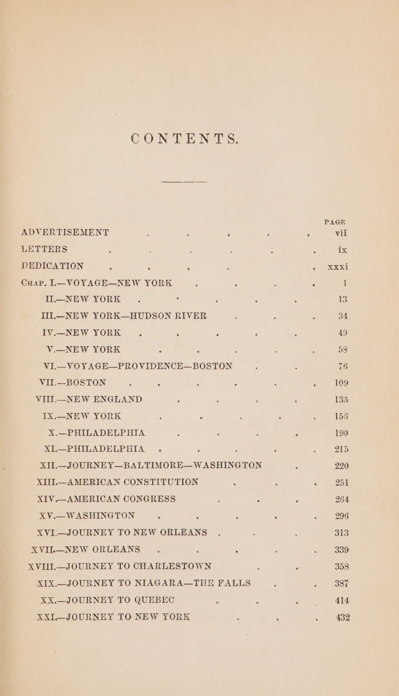 CONTENTS. ADVERTISEMENT LETTERS DEDICATION 3 ° CHAP. L—VOYAGE—NEW YORK ‘ : Il.—NEW YORK Ill.—NEW YORK—HUDSON RIVER IV.—NEW YORK ° . . V.—NEW YORK VI.—VOYAGE—PROVIDENCE—BOSTON VII.—BOSTON : ° VITIL.—_NEW ENGLAND . IX.—NEW YORK 5 . X.—PHILADELPHIA XI.—PHILADELPHIA . XITI.—_ AMERICAN CONSTITUTION . XIV.—AMERICAN CONGRESS XV.—WASHINGTON XVI.—JOURNEY TO NEW ORLEANS XVIIL—NEW ORLEANS : 3 . XVIII.—_JOURNEY TO CHARLESTOWN XIX.—_JOURNEY TO NIAGARA—THE FALLS XX.—JOURNEY TO QUEBEC XXI—JOURNEY TO NEW YORK