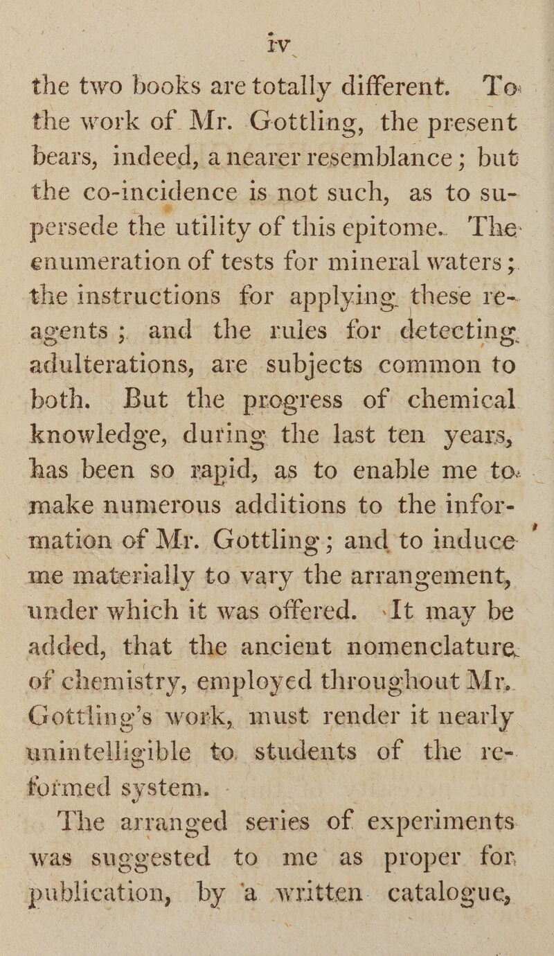 e ! eT the two books are totally different. To: the work of Mr. Gottling, the present bears, indeed, anearer resemblance ; but _ the co- “incidence 1 is not such, as to su- persede the utility of this epitome. The enumeration of tests for mineral waters ;. the instructions for applying. these re~ agents ; and the rules for detecting. adulterations, are subjects common to both. But the progress of chemical knowledge, during the last ten years, has been so rapid, as to enable me to: . make numerous additions to the infor- mation of Mr. Gottling; and to induce me materially to vary the arrangement, under which it was offered. .It may be added, that the ancient nomenclature, of chemistry, employed throughout Mr, Gottling’s work, must render it nearly unintelligible to, students of the re- formed system. - The arranged series of experiments was suggested to me as proper for publication, by ‘a written. catalogue,