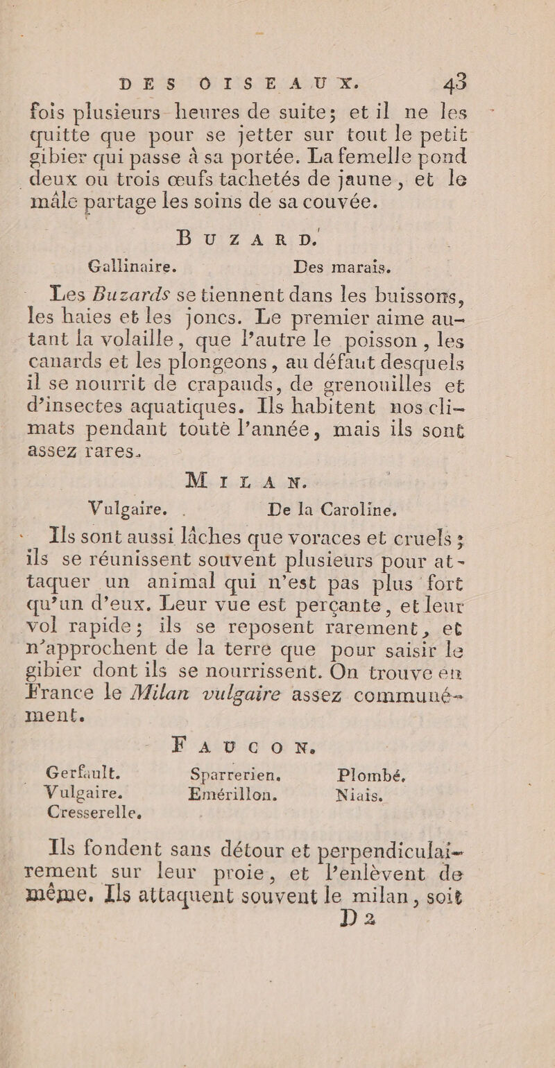 fois plusieurs heures de suite; etil ne les quitte que pour se jetter sur tout le petit gibier qui passe à sa portée. La femelle pond deux ou trois œufs tachetés de jaune, et le mâlc partage Les soins de sa couvée. BuzAR D. Gallinaire. Des marais. Les Buzards se tiennent dans les buissons, les haies et les joncs. Le premier aime au- tant la volaille, que l’autre le poisson, les canards et les plongeons, au défaut desquels il se nourrit de crapauds, de grenouilles et d'insectes aquatiques. Ils habitent nos cli- mats pendant toute l’année, mais ils sont assez rares. MILAN. Vulgaire. . De la Caroline. Ils sont aussi lîches que voraces et cruels : ils se réunissent souvent plusieurs pour at- taquer un animal qui n’est pas plus fort qu’un d’eux. Leur vue est perçante, et leur vol rapide; ils se reposent rarement, et n’approchent de la terre que pour saisir le gibier dont ils se nourrissent. On trouve en France le Milan vulgaire assez communé- ment. Fatconx. Gerfault. Sparrerien. Plombé, Vulgaire. Emérillon. Niais, Cresserelle, Ils fondent sans détour et perpendiculai- rement sur leur proie, et l’enlèvent de mème, Ils attaquent souvent le milan, soir D 2