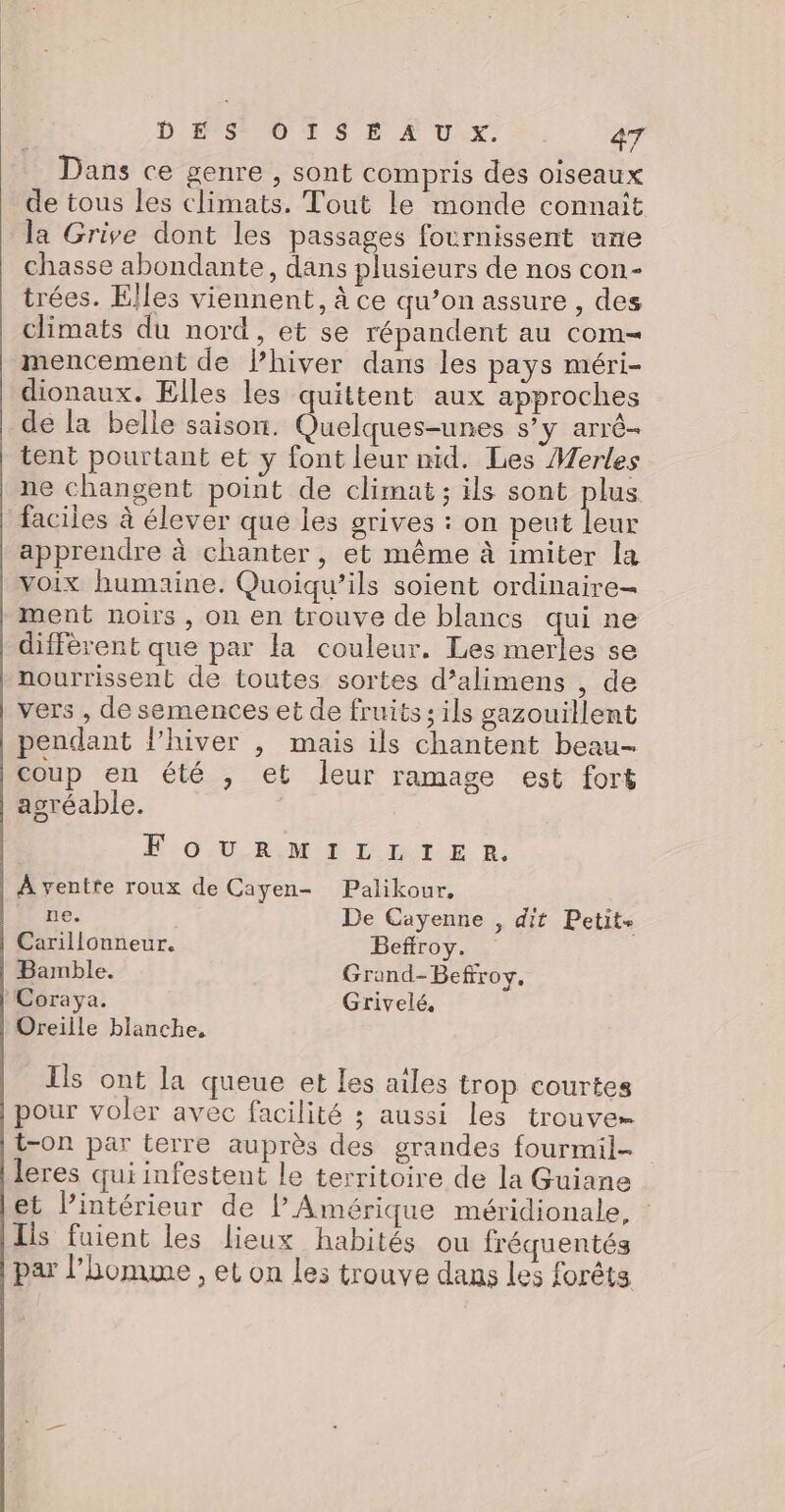 Dans ce genre , sont compris des oiseaux de tous les climats. Tout le monde connait la Grive dont les passages fournissent une chasse abondante, dans plusieurs de nos con- trées. Elles viennent, à ce qu’on assure , des climats du nord, et se répandent au com mencement de f’hiver dans les pays méri- dionaux. Elles les quittent aux approches de la belle saison. Quelques-unes s’y arré- tent pourtant et y font leur nid. Les Merles ne changent point de climat ; ils sont plus faciles à élever que les grives : on peut leur apprendre à chanter, et même à imiter la voix humaine. Quoiqu’ils soient ordinaire- ment noirs , on en trouve de blancs qui ne diffèrent que par la couleur. Les merles se nourrissent de toutes sortes d’alimens , de vers , de semences et de fruits; ils gazouillent pendant l’hiver , mais ils chantent beau- coup en été , et leur ramage est fort agréable. | PO SM ETAT E Rp À ventre roux de Cayen- Palikour, ne. | De Cayenne , dit Petite Carillonneur. Beffroy. Bamble. Grand-Beffroy, Coraya. Grivelé, Oreille blanche, Ils ont la queue et Les ailes trop courtes pour voler avec facilité ; aussi les trouver t-on par terre auprès des grandes fourmil- leres qui infestent le territoire de la Guiane et l’intérieur de V'Amérique méridionale, Ils fuient les lieux habités ou fréquentés par l’bomwe , et on les trouve dans les forêts