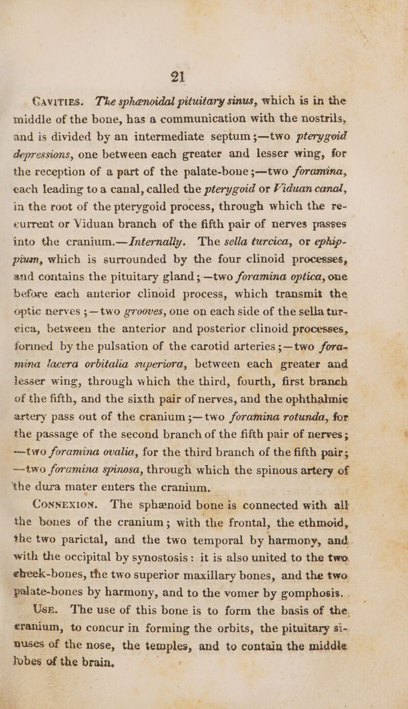 Cavities. The sphenoidal pituitary sinus, which is in the riddle of the bone, has a communication with the nostrils, and is divided by an intermediate septum ;—two pterygoid depressions, one between each greater and lesser wing, for the reception of a part of the palate-bone ;—two foramina, each leading toa canal, called the pterygoid or Viduan canal, in the root of the pterygoid process, through which the re- current or Viduan branch of the fifth pair of nerves passes into the cranium.—JInfernally. The sella turcica, or ephip- pium, which is surrounded by the four clinoid processes, and contains the pituitary gland ;—two foramina optica, one before each anterior clinoid process, which transmit the optic nerves ;— two grooves, one on each side of the sella tur- eica, between the anterior and posterior clinoid processes, formed by the pulsation of the carotid arteries ;—two fora- mina lacera orbitalia superiora, between each greater and lesser wing, through which the third, fourth, first branch of the fifth, and the sixth pair of nerves, and the ophthahnie artery pass out of the cranium ;—two foramina rotunda, for the passage of the second branch of the fifth pair of nerves ; -——two foramina ovalia, for the third branch of the fifth pair; —two foramina spinosa, through which the spinous artery of the dura mater enters the cranium. the bones of the cranium; with ‘the frontal, the ethmoid, with the occipital by synostosis: it is also united to the two. eheek-bones, the two superior maxillary bones, and the two palate-bones by harmony, and to the vomer by gomphosis. . Use. The use of this bone is to form the basis of the. ¢ranium, to concur in forming the orbits, the pituitary si- nuses of the nose, the temples, and to contain the middle Tobes of the aa