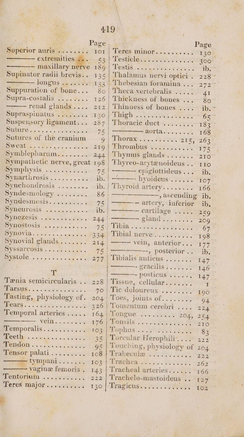 . Syndesmology ... DYNOZESIS . gin «Jes PEIOVIA «cons ss soe Synovial glands .. Syssarcosis...... petole. oes. es Ay Temporal arteries ——- vein... “emporalis...... a PP CHGOD. 54, 5.00uy 0 o's: 6 Tensor palati.... . . m ° . . . os 135 133 126 212 287 75 t TePeS MNO 00-0 sso 5 TLesttchese iieile, 1 caus POSS ocacias hd. seen Thalamus nervi optici . Thebesian foramina... eca vertebralis ..... Thickness of bones ... Thinness of bones .... aaehy. ... i sstigns. a Thoracie ducts iv o4: AOEUAspeyetonatehehe Thorax. &gt;... #10, Tey Thrombue tine. eo: Thymus glands ....... Thyreo-arytenoideus . . epiglottideus ... —=—— hyoideus:. a.% Thyroid artery........ —r— — artery, (inferior ~ cartilage (ioy: = Slam &lt; t ‘Pabtie, bc dmet rey eee Tibial nerven&gt;evpe. — vein, anterior... --, posterior .. Tibialis anticus. » «&lt;; 6 - gracilis? . 45.55% &gt; POSTICUS ATG AN, Tissue, cellular.:..... Tic delourer Rie gered oon Toes, joints of... ‘omentum cerebri .... Tongue: -....../56' e204, oweils st ae rerbialele Set oReaE P OPMUS) «i. PA Pe Toreular Herophili’ 55a Touching, physiology of ee aa SOME aC er aac PVACRCap es cue. Wales Tracheal arteries.....; Trachelo-mastoideus .. Tragieus:.« 902i ¢eere 130 300 ib. PAP 0 Be