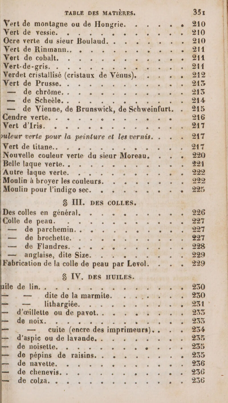 Vert de montagne ou de Hongrie. . Vert de vessie. ,. . NT ALL 7 Ocre verte du sieur Baülaud. 7, PA Drrt: de cobalt. : . . . . 2 .. Vert-de-gris. Verdet cristallisé (cristaux de Vénus). Vert de Prusse. . x Do ne à à — de chrôme.. . . . — de Stheële. . 00 RE. LS Vert de titane. . , : Nouvelle couleur verte du sieur r Moreau, Belle laque verte... . . . . : Autre laque vérte. - . +, -, . + *, Moulin à broyer les couleurs. . . . . Moulin pour l’indigo see. . . . . . $ IIT. DES cOLLEs. Des colles en général, . . . . . D dope, 0°. NS € — de parchemin. ;: . . . . . — de brochette. . . . . — de Flandres... . : — anglaise, dite Size. ; Fabrication de la colle de peau par “Levol. $ IV. DES HUILES. nes de or. de tech — . — dite de la marmite. . . . —, . JUnargibe., - à oies dis d’œillette ou de pavot... . . + :. de noix. —. cuite (encre des imprimeurs). d’ aspic ou de lavande, . . . . . de noisette. , . PR TE 1 de pépins de raisins. . + . . HO HAN vu se dune: sgitmion HO EMEMONIS he uit Aves de D us die. à ottaiée e e + e . 0 + e e ee e LE] e e e 2 e e 210 210 210 211 211 211 212 213 213 214 215 216 247 247 217 220 221 229 2922 225 226 227 227 227 228 229 229 230 230 233 235 235% 235 235 235 236 236 236