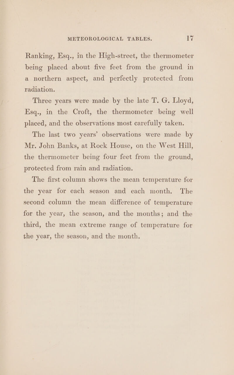 Ranking, Esq., in the High-street, the thermometer being placed about five feet from the ground in a northern aspect, and perfectly protected from radiation. Three years were made by the late T. G. Lloyd, Esq., in the Croft, the thermometer being well placed, and the observations most carefully taken. The last two years’ observations were made by Mr. John Banks, at Rock House, on the West Hill, the thermometer being four feet from the ground, protected from rain and radiation. The first column shows the mean temperature for the year for each season and each month. The second column the mean difference of temperature for the year, the season, and the months; and the third, the mean extreme range of temperature for the year, the season, and the month,