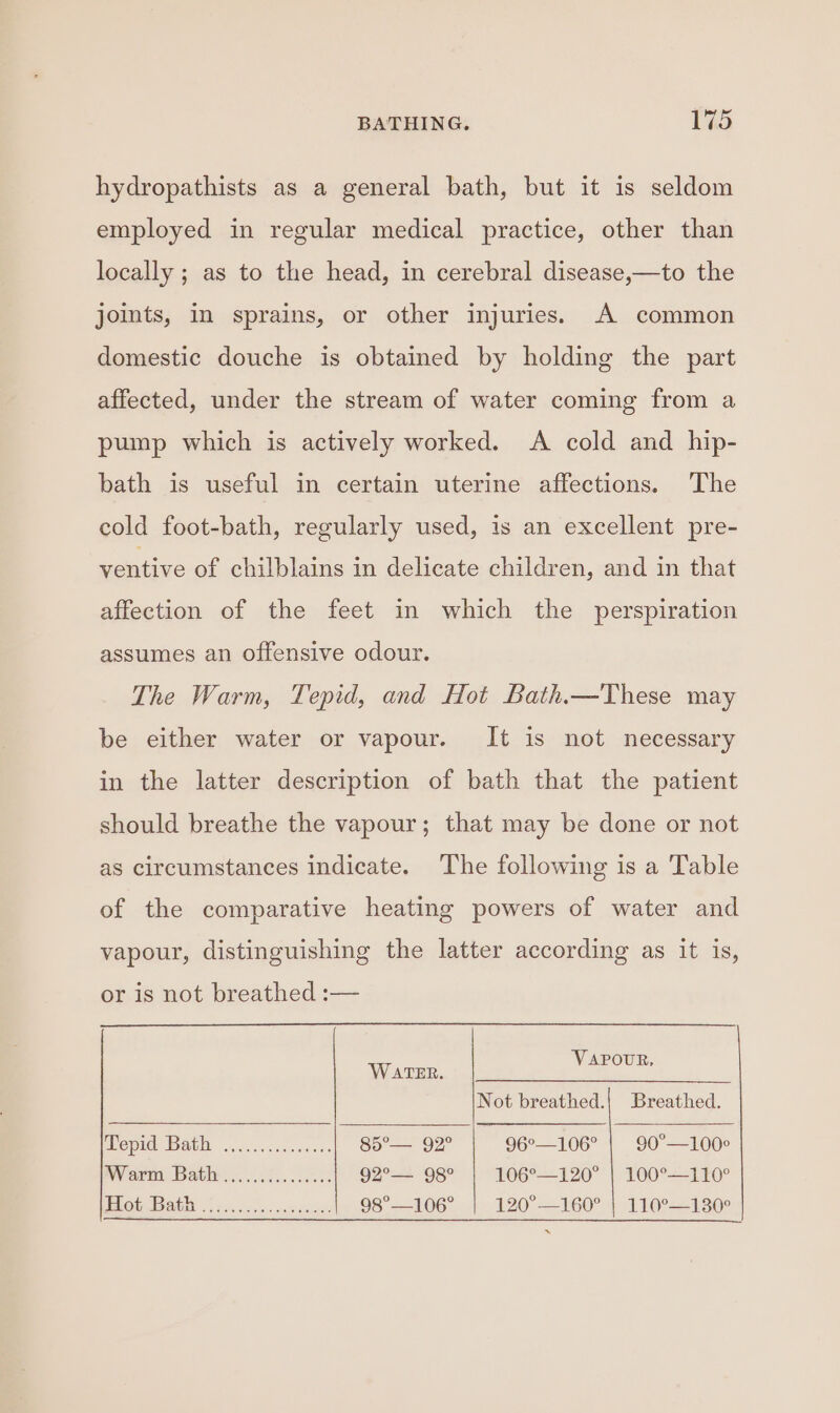 hydropathists as a general bath, but it is seldom employed in regular medical practice, other than locally ; as to the head, in cerebral disease,—to the joints, in sprains, or other injuries. A common domestic douche is obtained by holding the part affected, under the stream of water coming from a pump which is actively worked. A cold and hip- bath is useful in certain uterine affections. The cold foot-bath, regularly used, 1s an excellent pre- yentive of chilblains in delicate children, and in that affection of the feet in which the perspiration assumes an offensive odour. The Warm, Tepid, and Hot Bath—These may be either water or vapour. It is not necessary in the latter description of bath that the patient should breathe the vapour; that may be done or not as circumstances indicate. The following is a Table of the comparative heating powers of water and vapour, distinguishing the latter according as it is, or is not breathed :— TR VAPOUR, Not breathed.| Breathed. Mepia Bal occ ceceonaaes 85°— 92° 96°—106° | 90°—100° Warm Bath ......5.. 00.5. 92°— 98° 106°—120° | 100°—110° Peat ah i hen: sce saad 98°—106° 120°—160° | 110°—130° ~
