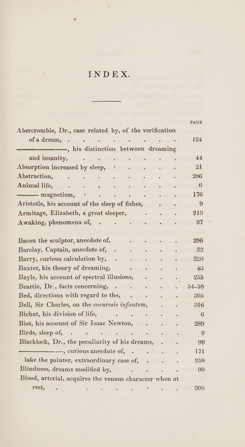 INDEX. of a dream, ——, his distinction between dreaming and insanity, Absorption increased by sleep, Abstraction, Animal life, - Magnetism, - : : : . Aristotle, his account of the sleep of fishes, Armitage, Elizabeth, a great sleeper, Awaking, phenomena of, _ . : : 5 Bacon the sculptor, anecdote of, Barclay, Captain, anecdote of, Barry, curious calculation by, Baxter, his theory of dreaming, : f Bayle, his account of spectral illusions, Beattie, Dr., facts concerning, Bed, directions with regard to the, . 4 Bell, Sir Charles, on the eneuresis infantum, Bichat, his division of life, Biot, his account of Sir Isaac Newton, Blacklock, Dr,, the peculiarity of his dreams, -—, curious anecdote of, lake the painter, extraordinary case of, . Blindness, dreams modified by, Blood, arterial, acquires the venous character when at rest, fs Birds, sleep of, . a PAGE