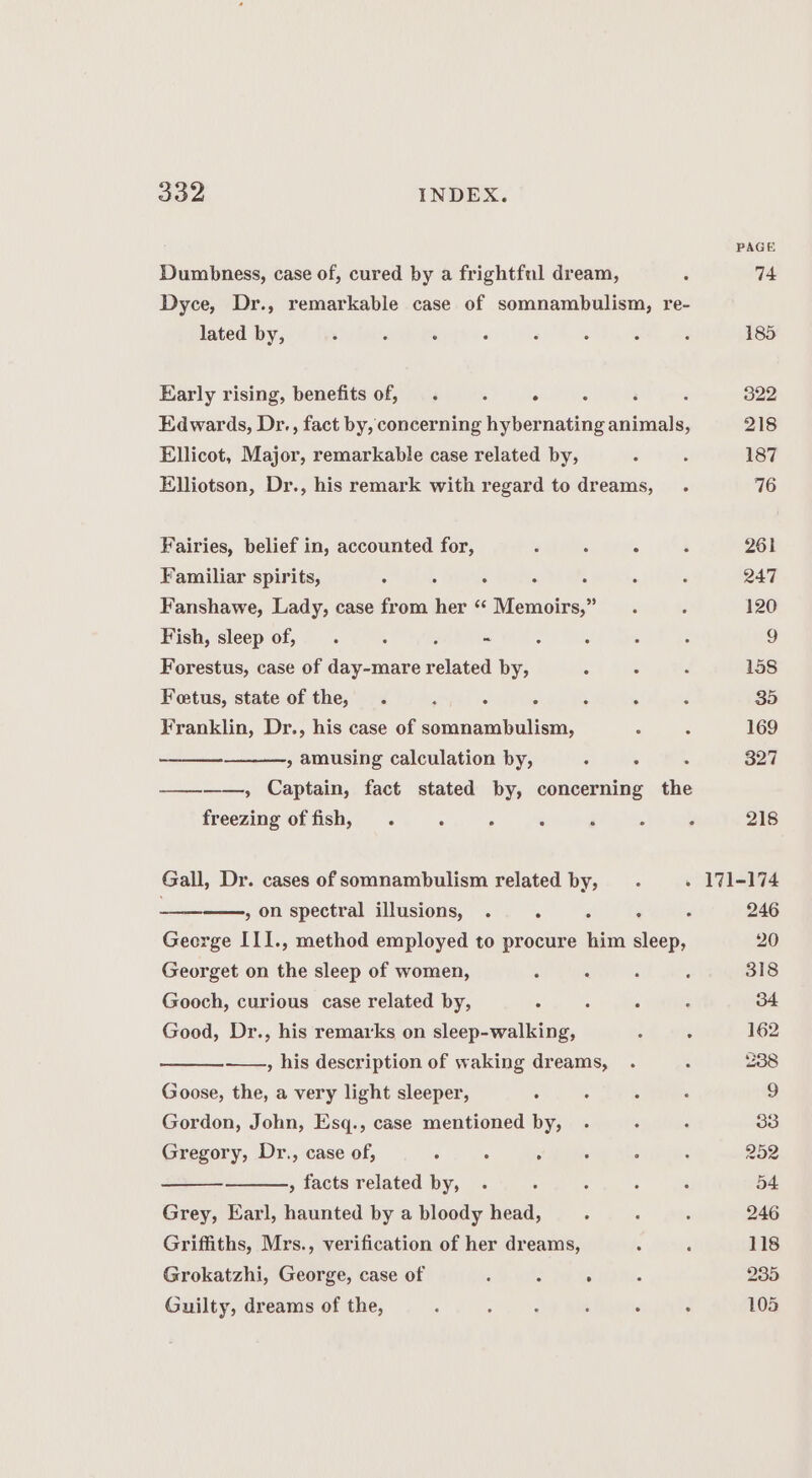 oS INDEX. PAGE Dumbness, case of, cured by a frightful dream, ; 74 Dyce, Dr., remarkable case of somnambulism, re- lated by, ‘ . ° : : ° : : 185 Early rising, benefits of, . 7 ; : ‘ ‘ 322 Edwards, Dr., fact by, concerning hybernating animals, 218 Ellicot, Major, remarkable case related by, ‘ : 187 Elliotson, Dr., his remark with regard to dreams, . 76 Fairies, belief in, accounted for, d < 4 s 261 Familiar spirits, ° 5 : : : : : 247 Fanshawe, Lady, case from her “ Memoirs,” _. ‘ 120 Fish, sleep of, . : ; “ : : : : 9 Forestus, case of day-mare related by, : : é 158 Foetus, state of the, . , ‘ : : : 3 35 Franklin, Dr., his case of somnambulism, : 2 169 » amusing calculation by, : : . 327 ————, Captain, fact stated by, concerning the freezing of fish, . : * : P ; : 218 Gall, Dr. cases of somnambulism related by, . » 171-174 ————, on spectral illusions, . . : : . 246 George III., method employed to procure him sleep, 20 Georget on the sleep of women, : : ‘ , 318 Gooch, curious case related by, 5 ; . : 34 Good, Dr., his remarks on sleep-walking, ; : 162 ——, his description of waking dreams, . ‘ 238 Goose, the, a very light sleeper, ° : ; : 9 Gordon, John, Esq., case mentioned by, . : : 33 Gregory, Dr., case of, : : ; : : : 252 » facts related by, . . - : : 54 Grey, Earl, haunted by a bloody head, , : ; 246 Griffiths, Mrs., verification of her dreams, , , 118 Grokatzhi, George, case of : ‘ : ; 235 Guilty, dreams of the, ‘ amis é : : 105