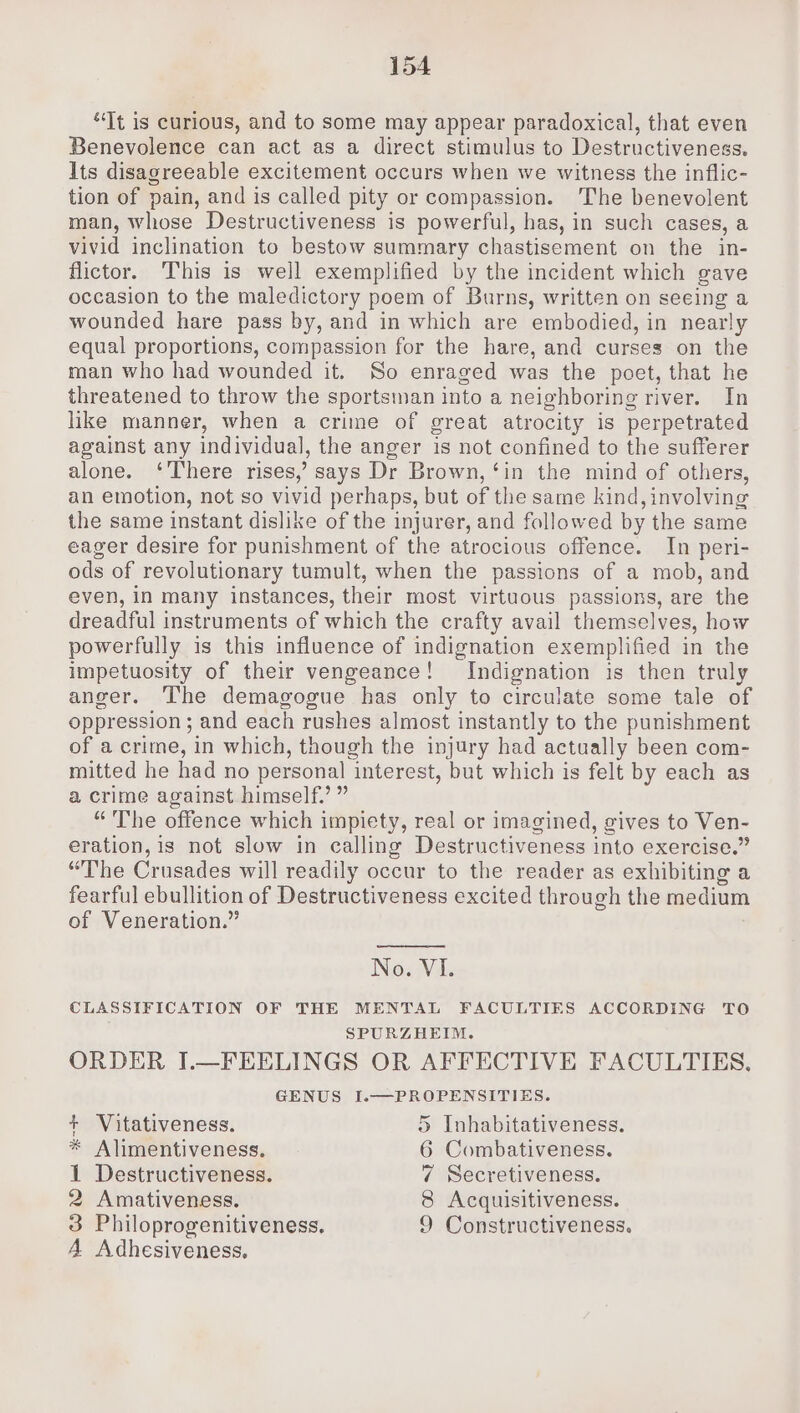 “Tt is curious, and to some may appear paradoxical, that even Benevolence can act as a direct stimulus to Destructiveness. Its disagreeable excitement occurs when we witness the inflic- tion of pain, and is called pity or compassion. The benevolent man, whose Destructiveness is powerful, has, in such cases, a vivid inclination to bestow summary chastisement on the in- flictor. This is well exemplified by the incident which gave occasion to the maledictory poem of Burns, written on seeing a wounded hare pass by, and in which are embodied, in nearly equal proportions, compassion for the hare, and curses on the man who had wounded it. So enraged was the poet, that he threatened to throw the sportsman into a neighboring river. In like manner, when a crime of great atrocity is perpetrated against any individual, the anger is not confined to the sufferer alone. ‘There rises,’ says Dr Brown, ‘in the mind of others, an emotion, not so vivid perhaps, but of the same kind, involving the same instant dislike of the injurer, and followed by the same eager desire for punishment of the atrocious offence. In peri- ods of revolutionary tumult, when the passions of a mob, and even, in many instances, their most virtuous passions, are the dreadful instruments of which the crafty avail themselves, how powerfully is this influence of indignation exemplified in the impetuosity of their vengeance! Indignation is then truly anger. The demagogue has only to circulate some tale of oppression ; and each rushes almost instantly to the punishment of a crime, in which, though the injury had actually been com- mitted he had no personal interest, but which is felt by each as a crime against himself.’ ” “The offence which impiety, real or imagined, gives to Ven- eration, is not slow in calling Destructiveness into exercise.” “The Crusades will readily occur to the reader as exhibiting a fearful ebullition of Destructiveness excited through the medium of Veneration.” No. VI. CLASSIFICATION OF THE MENTAL FACULTIES ACCORDING TO SPURZHEIM. ORDER I.—FEELINGS OR AFFECTIVE FACULTIES, GENUS I.—PROPENSITIES. + Vitativeness. 5 Inhabitativeness. * Alimentiveness. 6 Combativeness. 1 Destructiveness. 7 Secretiveness. 2 Amativeness. 8 Acquisitiveness. 3 Philoprogenitiveness. 9 Constructiveness. A Adhesiveness,