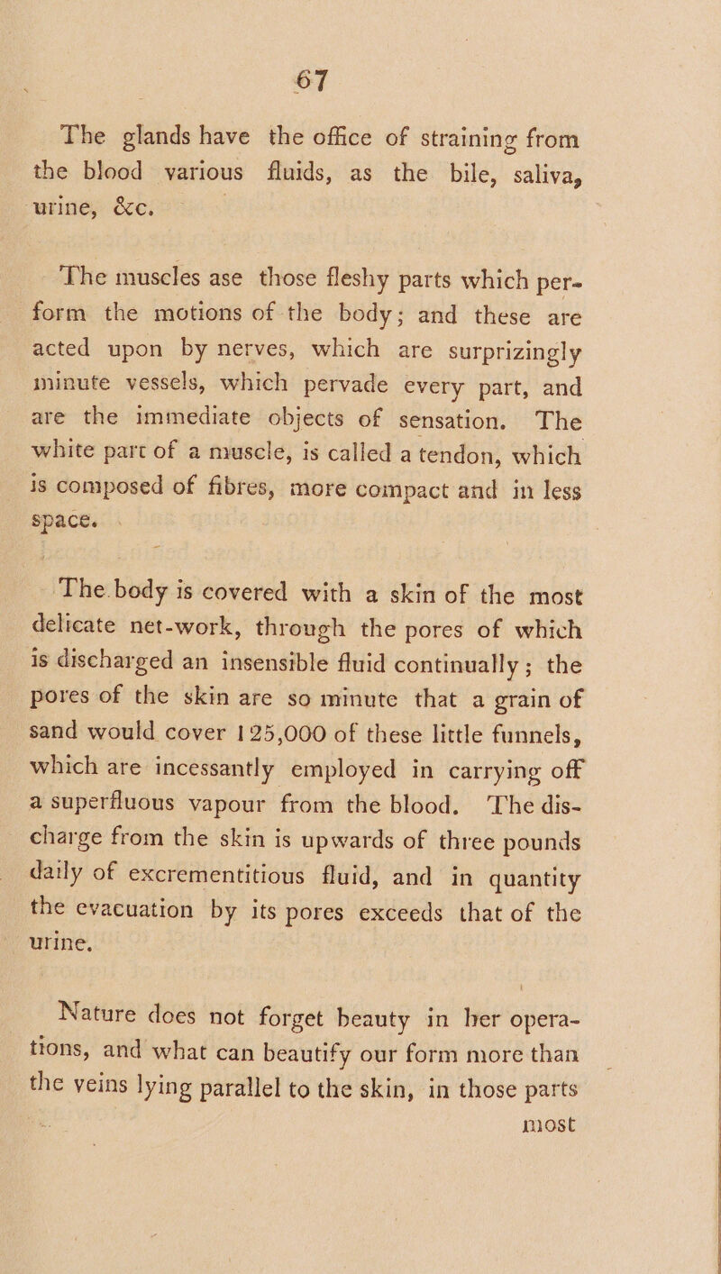 The glands have the office of straining from the blood various fluids, as the bile, saliva, urine, &amp;c. | The muscles ase those fleshy parts which per- form the motions of the body; and these are acted upon by nerves, which are surprizingly minute vessels, which pervade every part, and are the immediate objects of sensation. The white part of a muscle, is called a tendon, which is composed of fibres, more compact and in less space. The body is covered with a skin of the most delicate net-work, through the pores of which is discharged an insensible fluid continually ; the pores of the skin are so minute that a grain of sand would cover 125,000 of these little funnels, which are incessantly employed in carrying off a superfluous vapour from the blood. The dis- charge from the skin is upwards of three pounds daily of excrementitious fluid, and in quantity the evacuation by its pores exceeds that of the urine. Nature does not forget beauty in her opera- tions, and what can beautify our form more than the veins lying parallel to the skin, in those parts niost